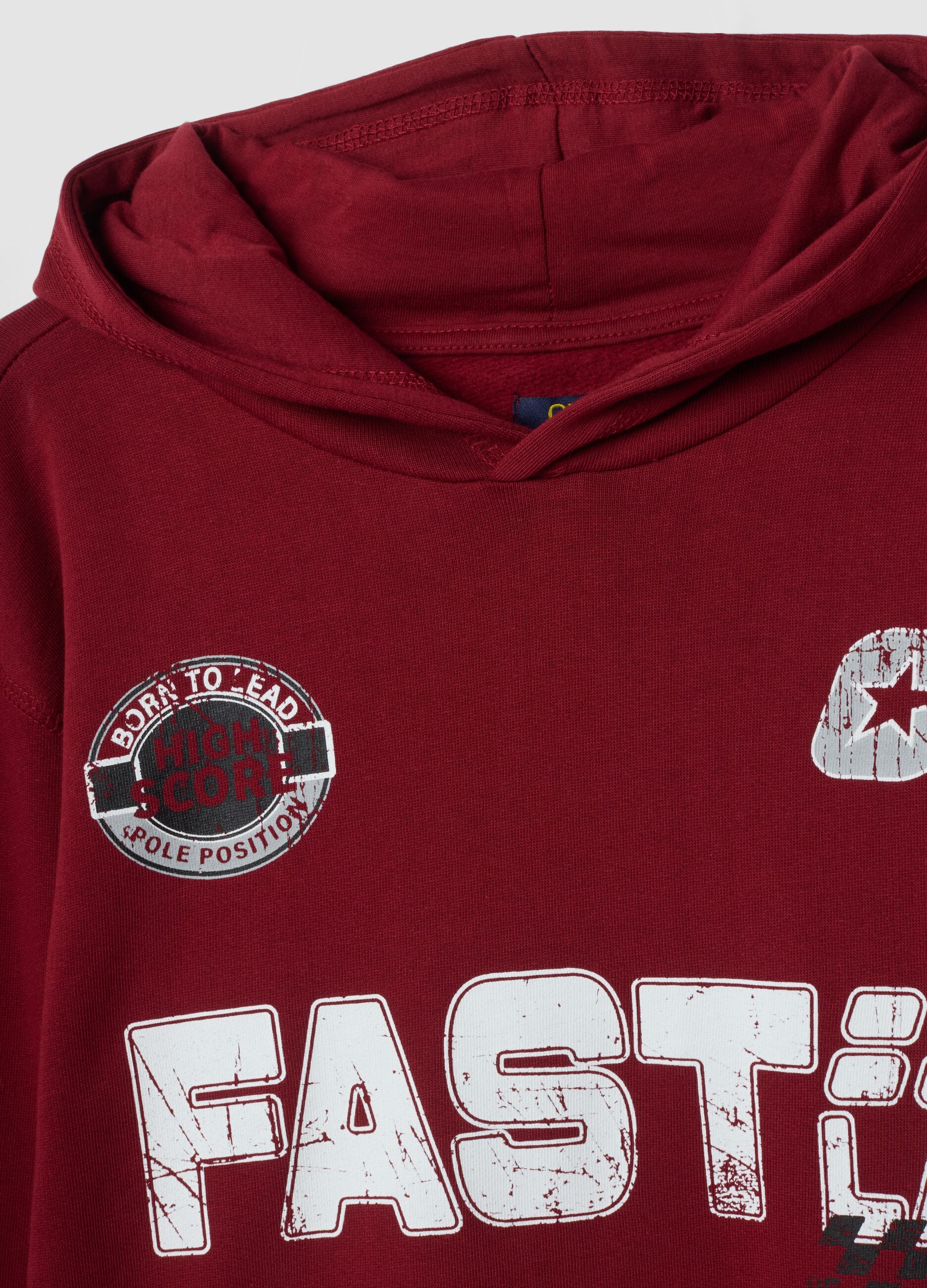 Red organic cotton hoodie with racing prints, relaxed fit