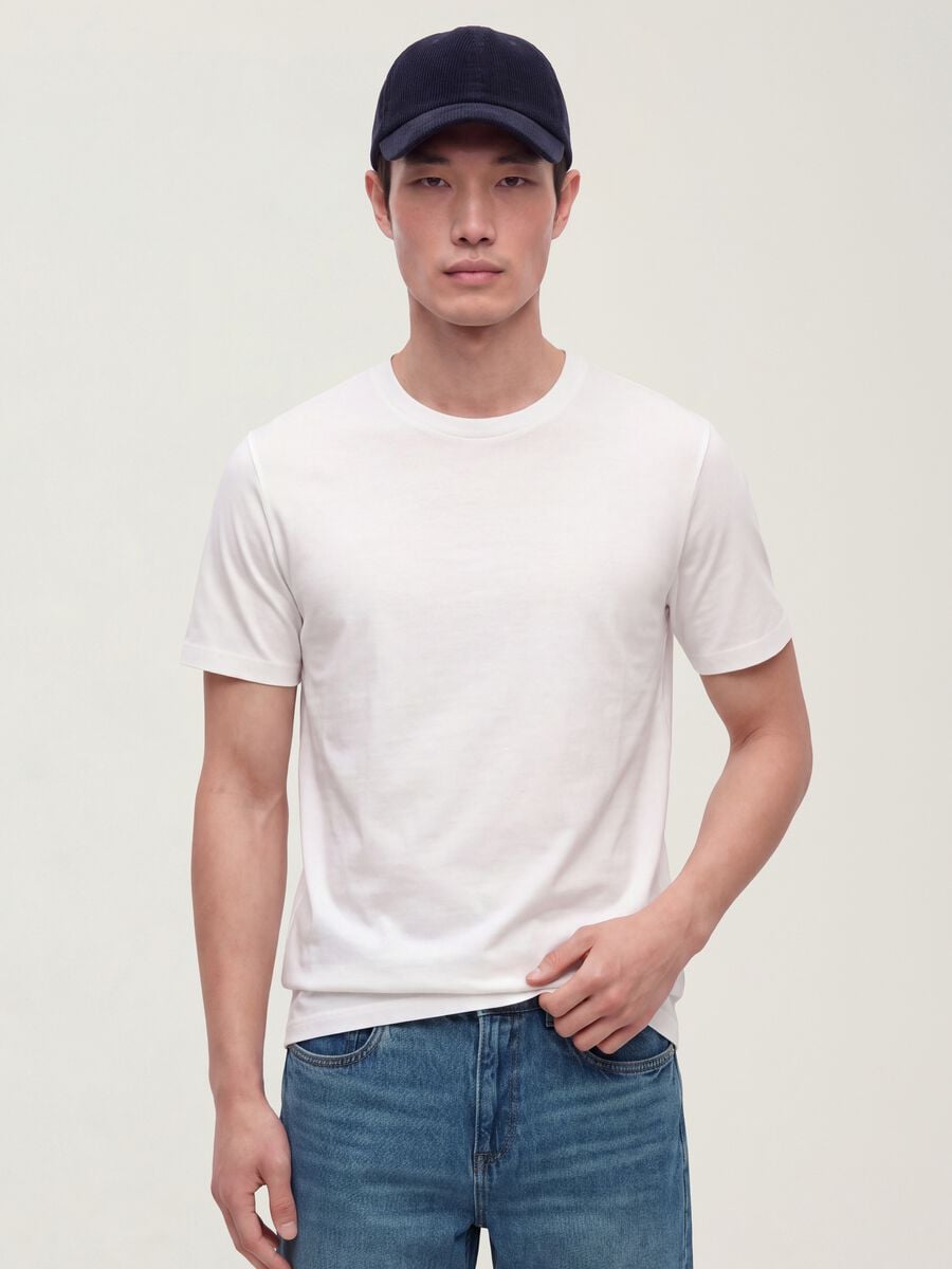 White mercerised pure cotton crew-neck T-shirt, regular fit_0