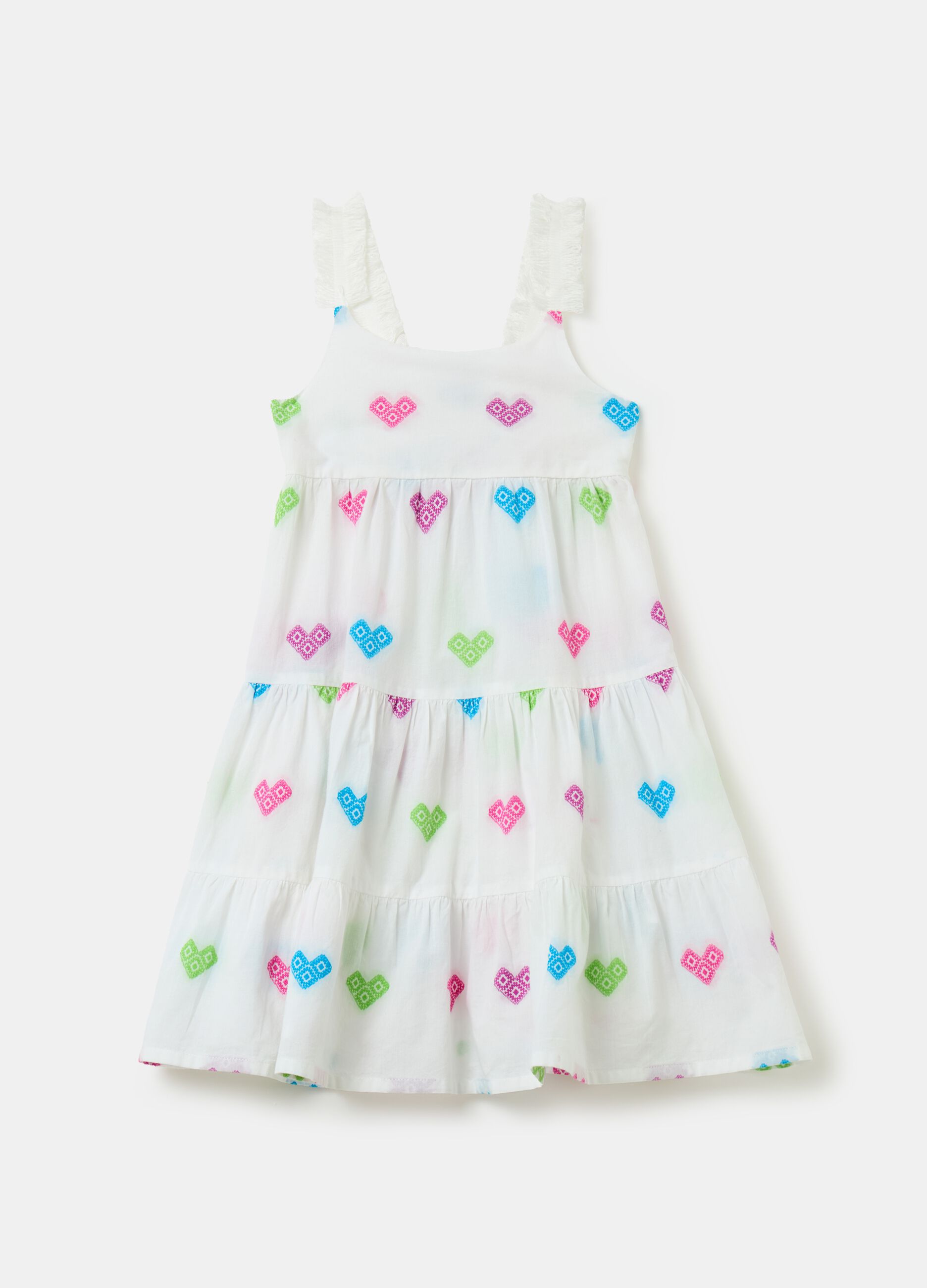Tiered cotton dress with hearts embroidery
