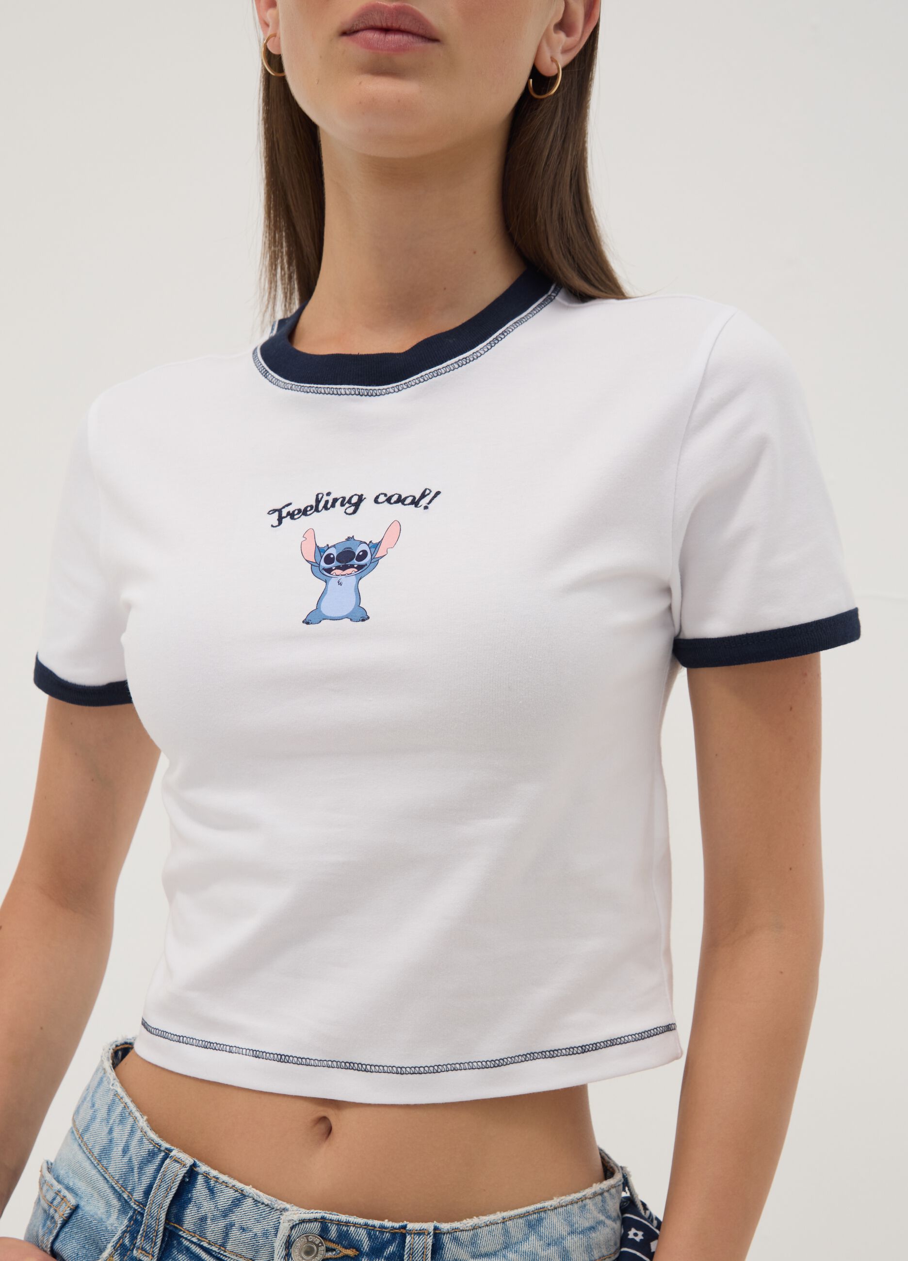 White stretch cotton T-shirt with Stitch print, regular fit