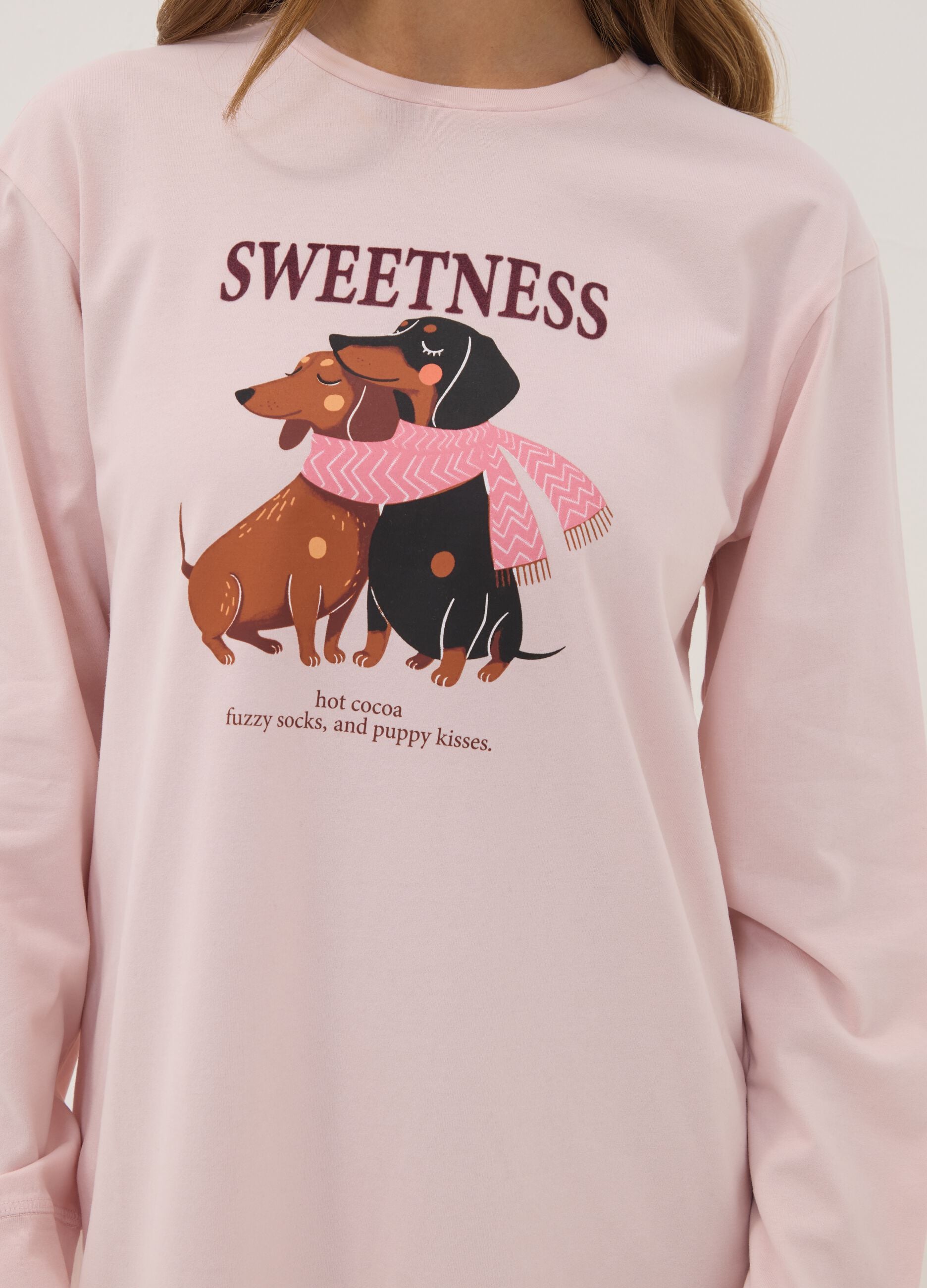 Camisa de noite rosa em algod&atilde;o org&acirc;nico com decote redondo