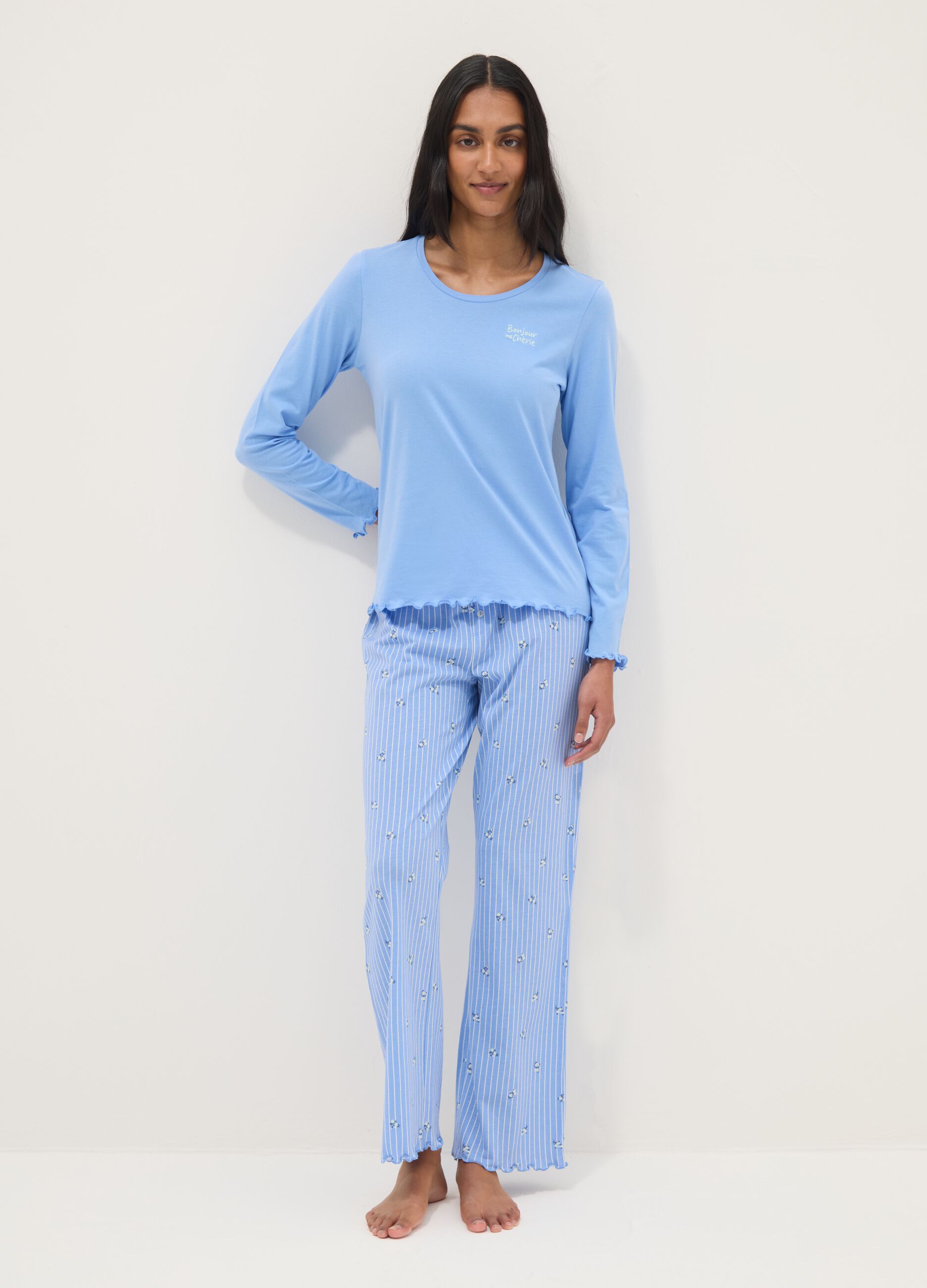 Sky blue pure cotton regular fit pyjamas with ruffles