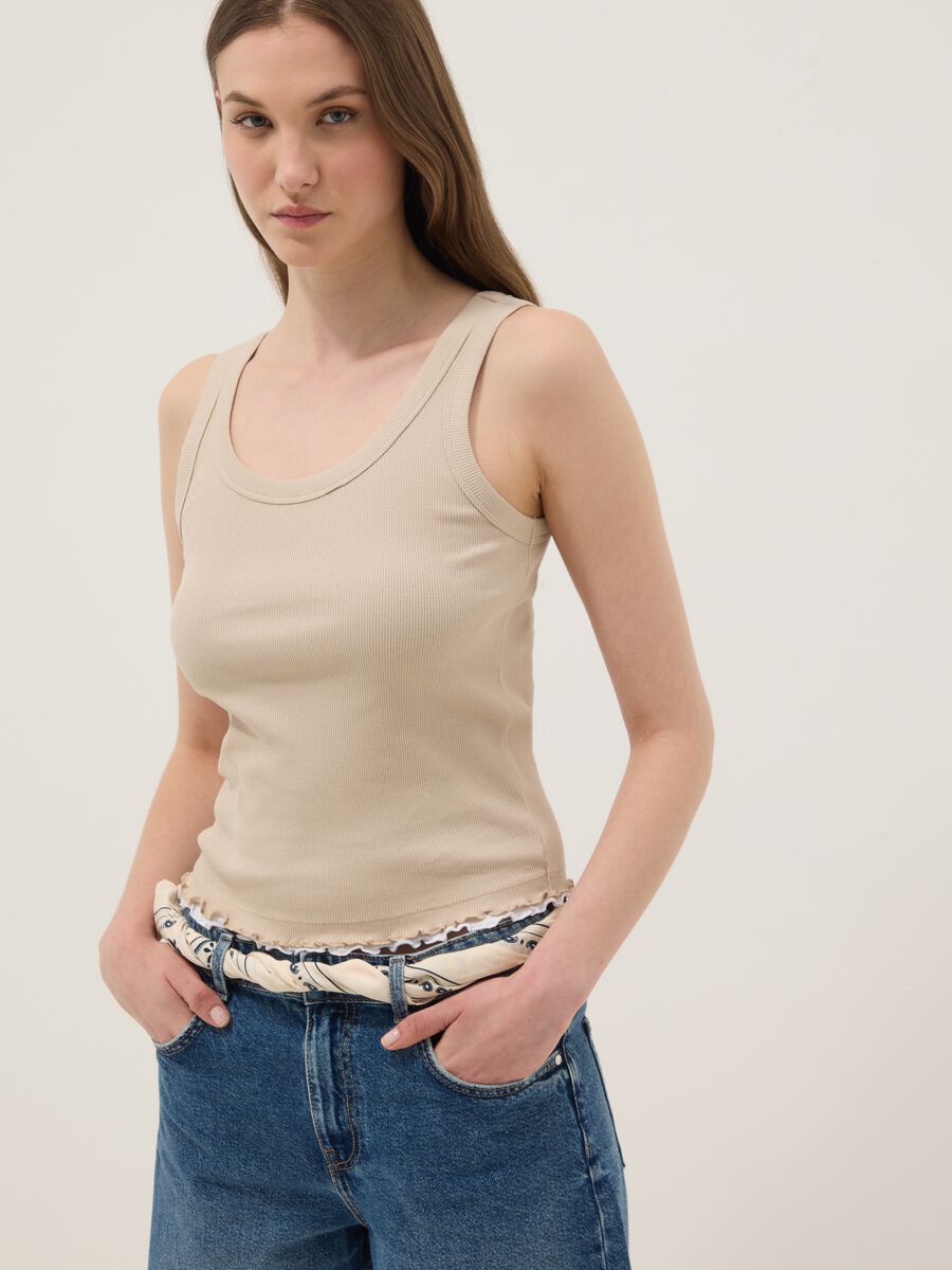 Beige pure cotton ribbed vest top, regular fit_0