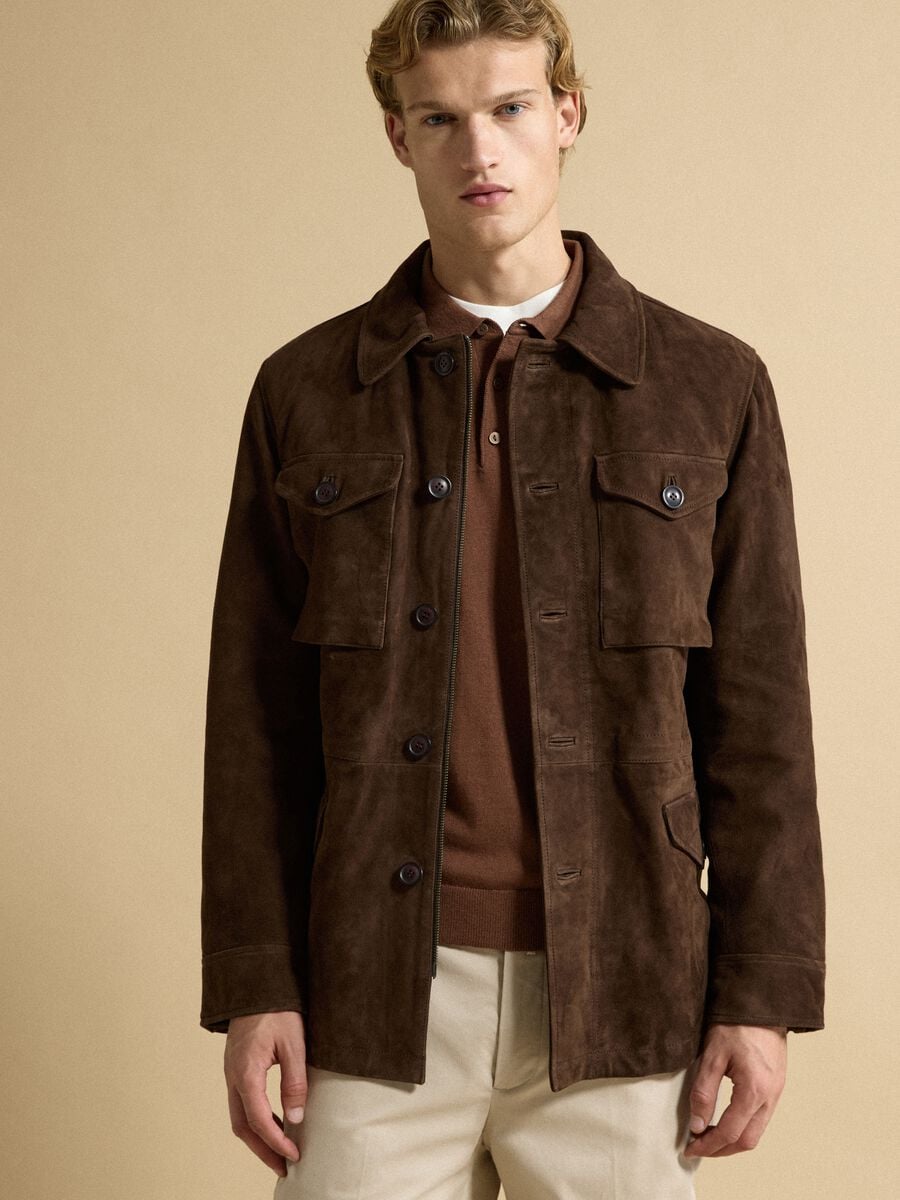 Brown padded genuine leather jacket_0
