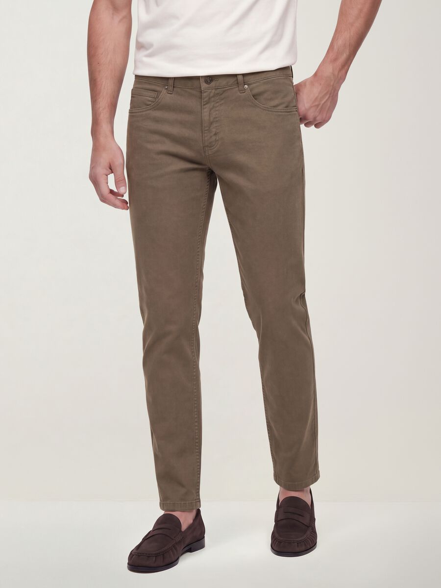 Brown slim-fit stretch cotton twill trousers_2