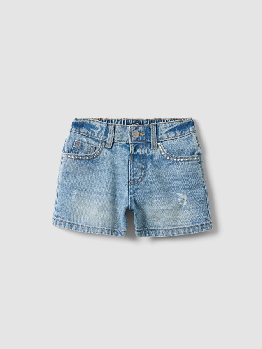 Blaue Denim-Shorts aus reiner Baumwolle f&uuml;r M&auml;dchen, Regular Fit mit Strass_0