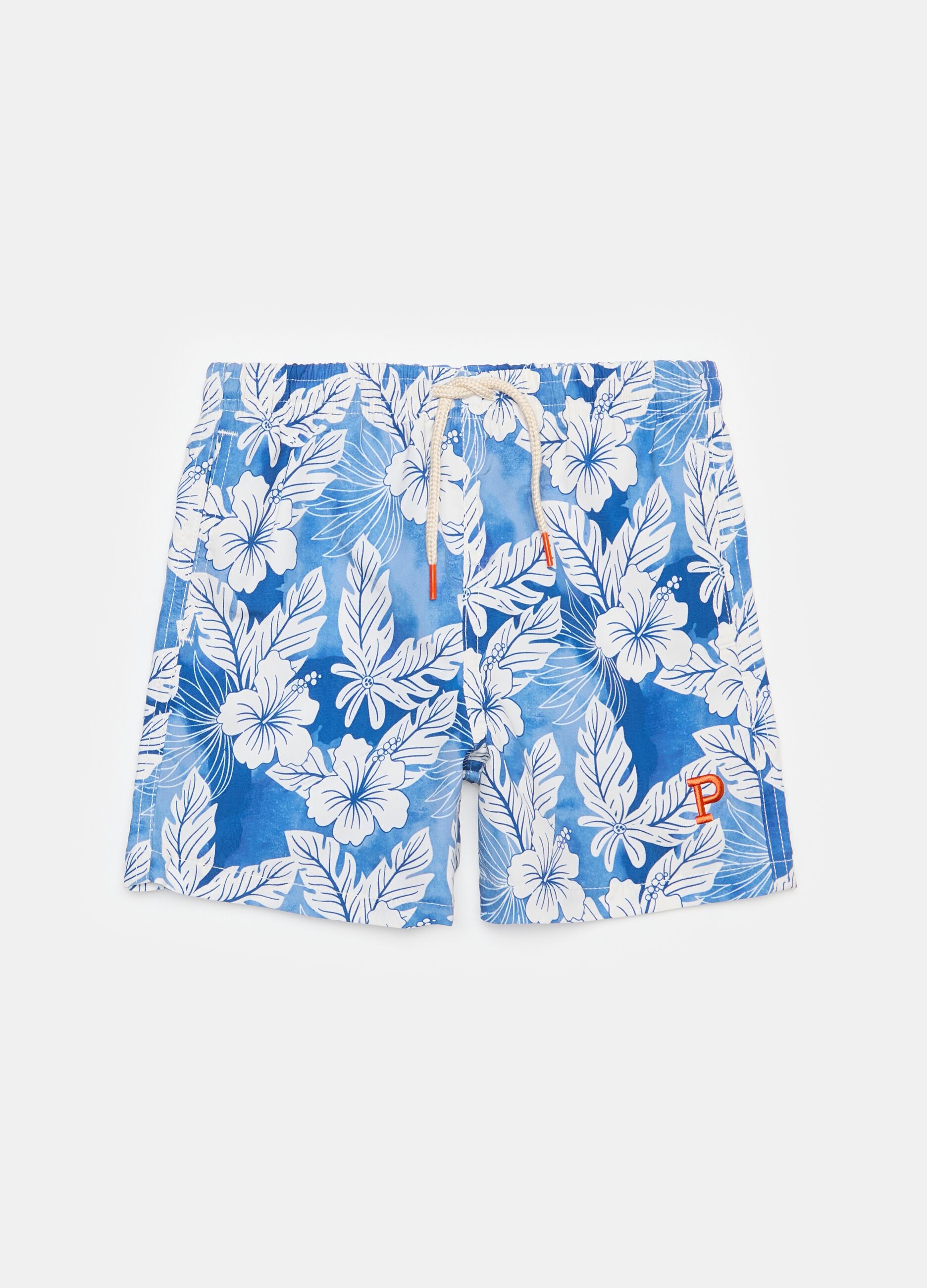 Swimming trunks with drawstring and tropical print