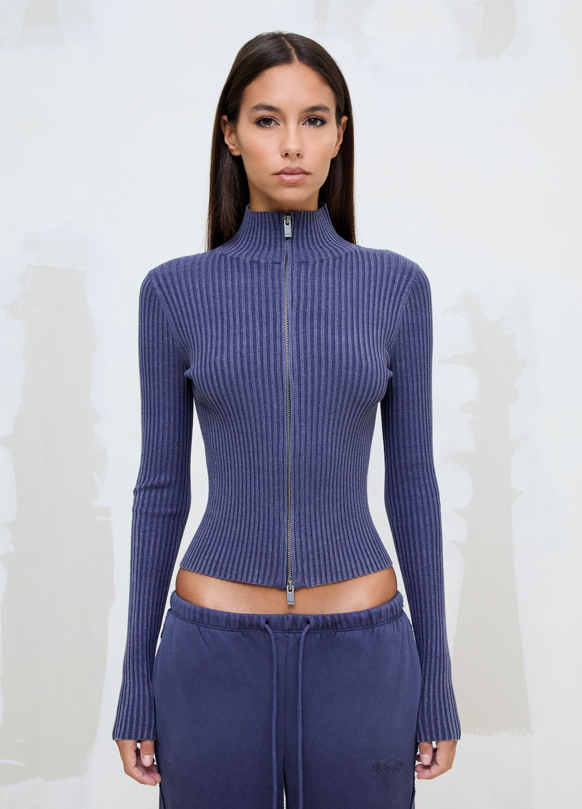 Twilight Blue Full-Zip Ribbed Knit