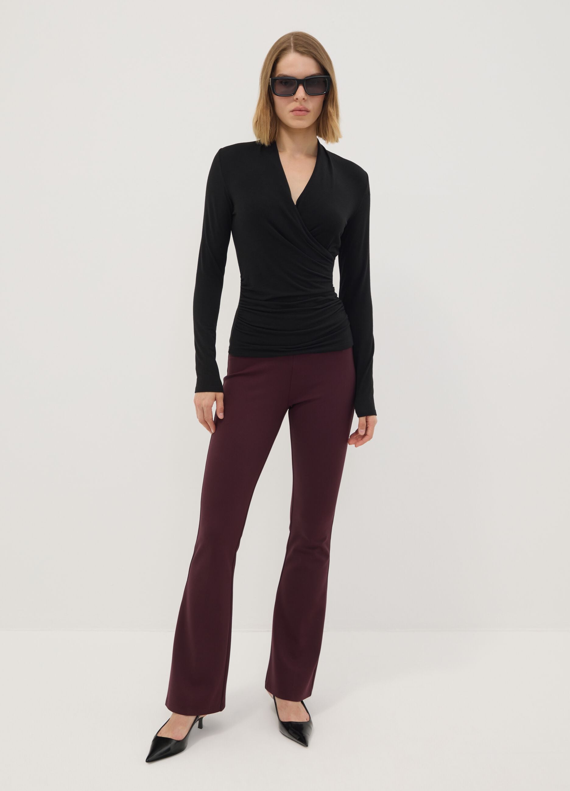 Black viscose, silk and stretch wool crew-neck T-shirt, regular fit
