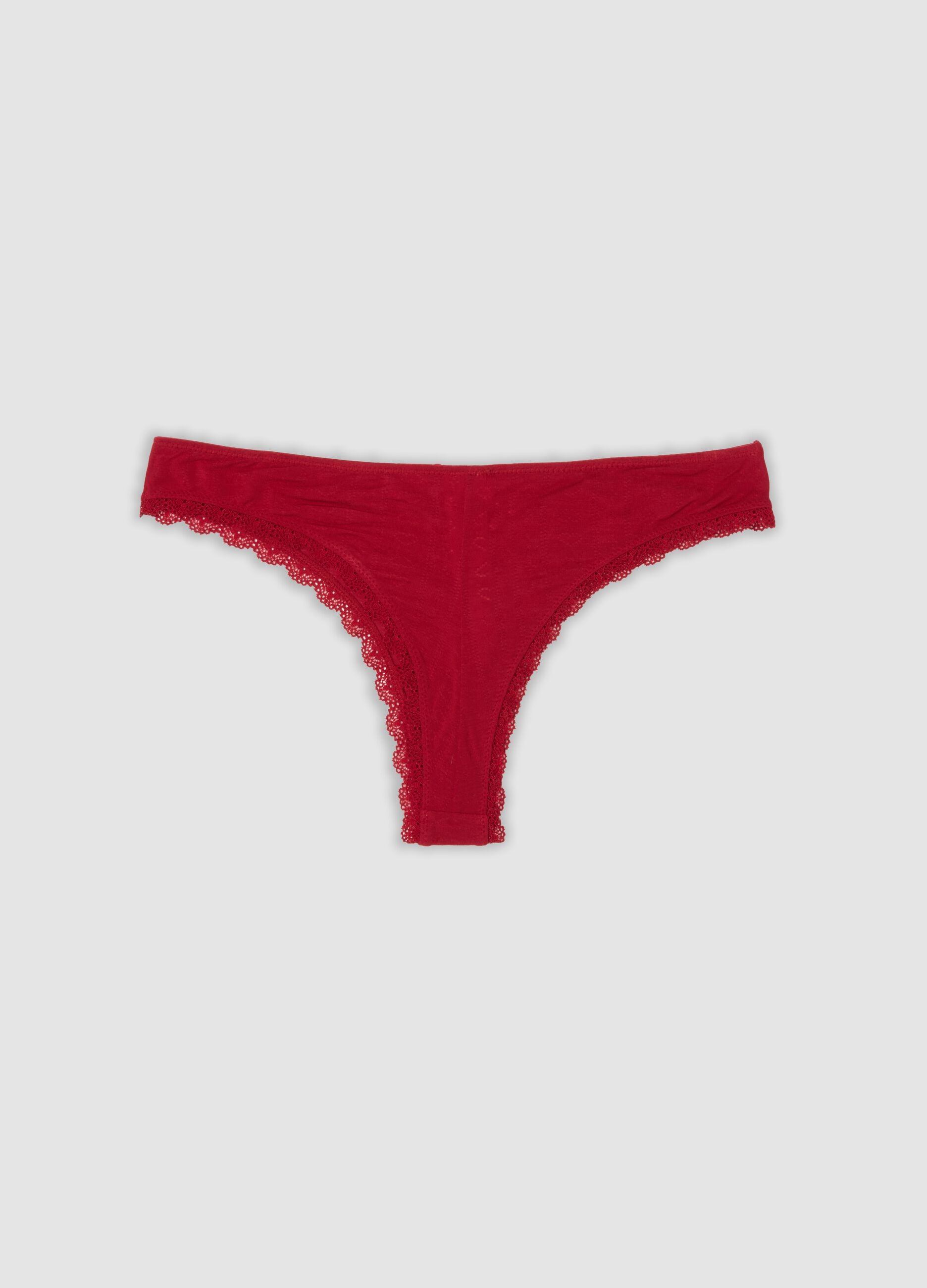 Red organic cotton Brazilian briefs with lace trim