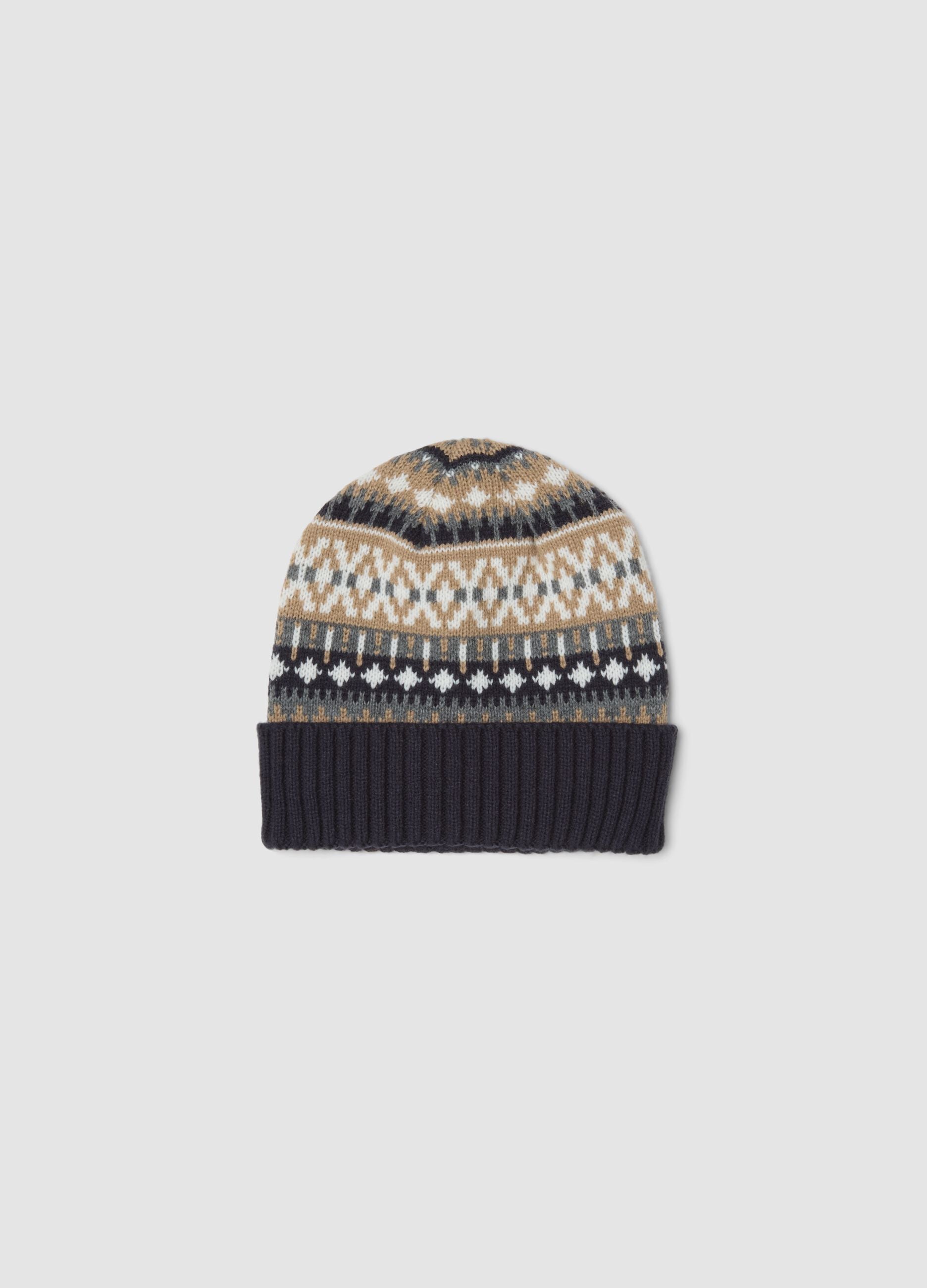 Beige jacquard knit beanie with turn-up cuff