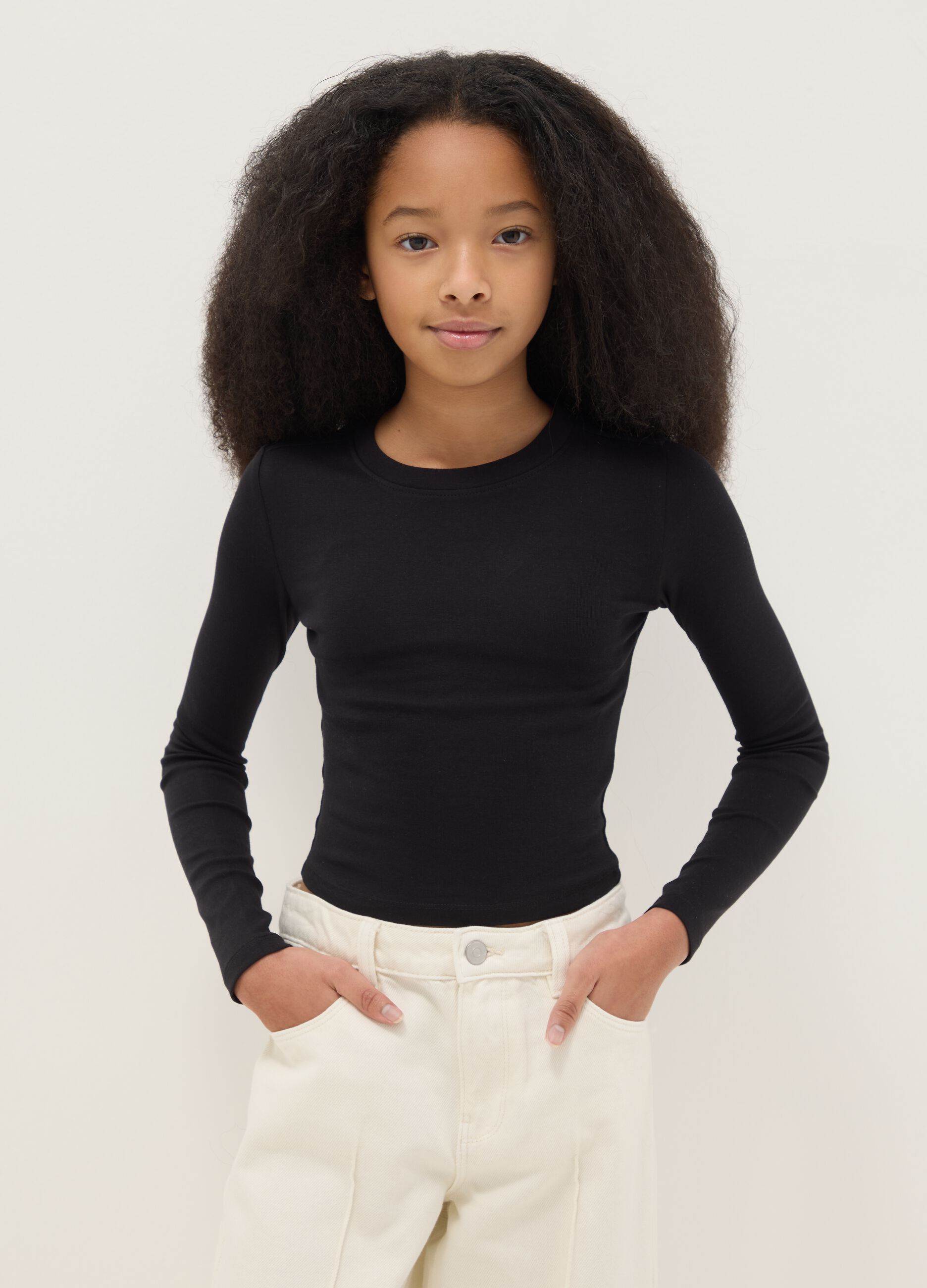 M&auml;dchen Slim Fit Schwarzes Stretch-Baumwoll-T-Shirt