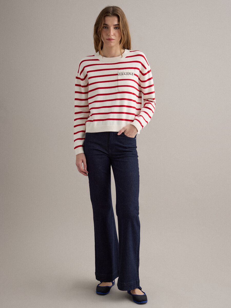 Beige jumper with red stripes in pure cotton regular fit_2