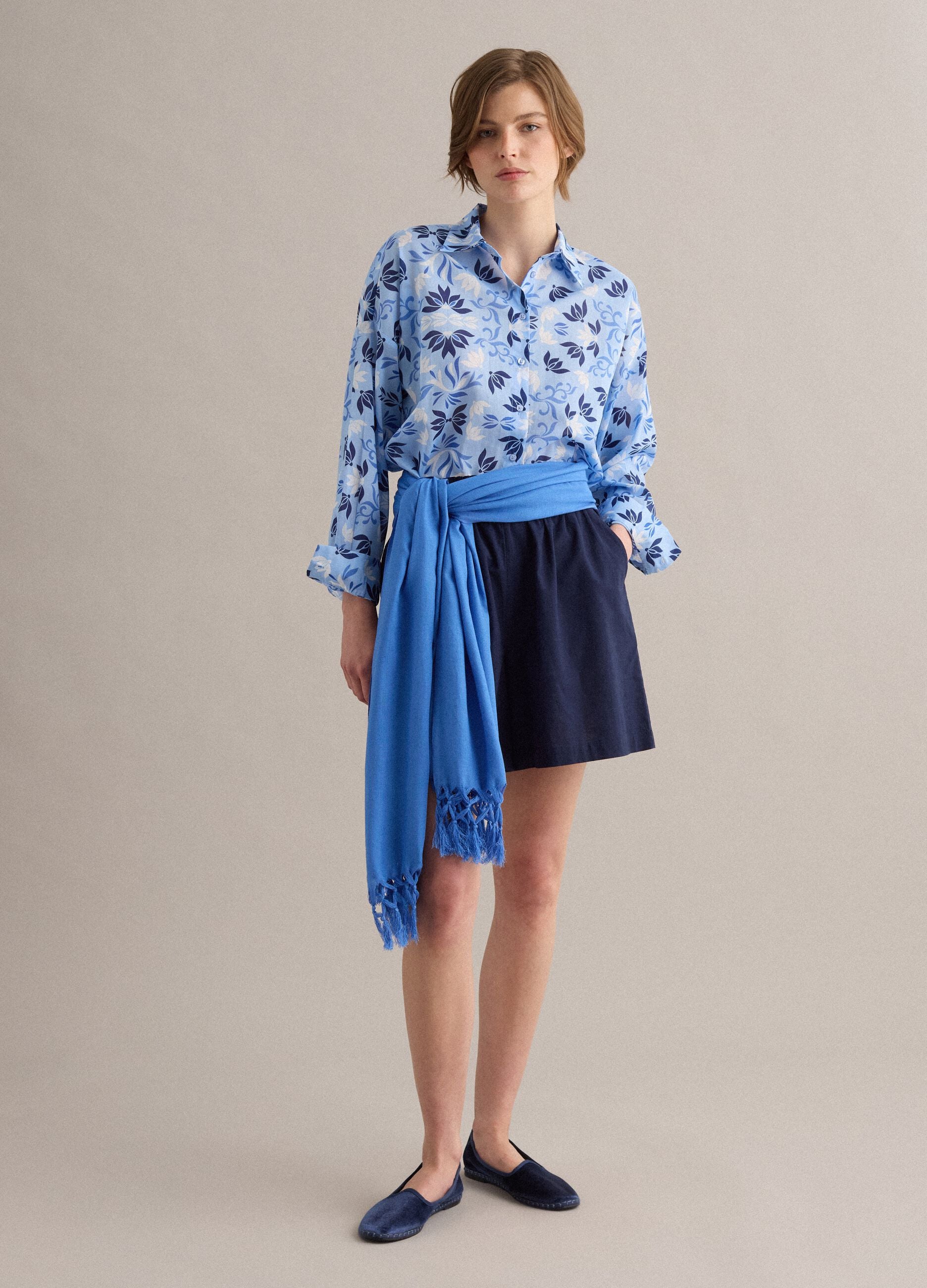 Blue Viscose and Linen Blend Scarf with Fringes