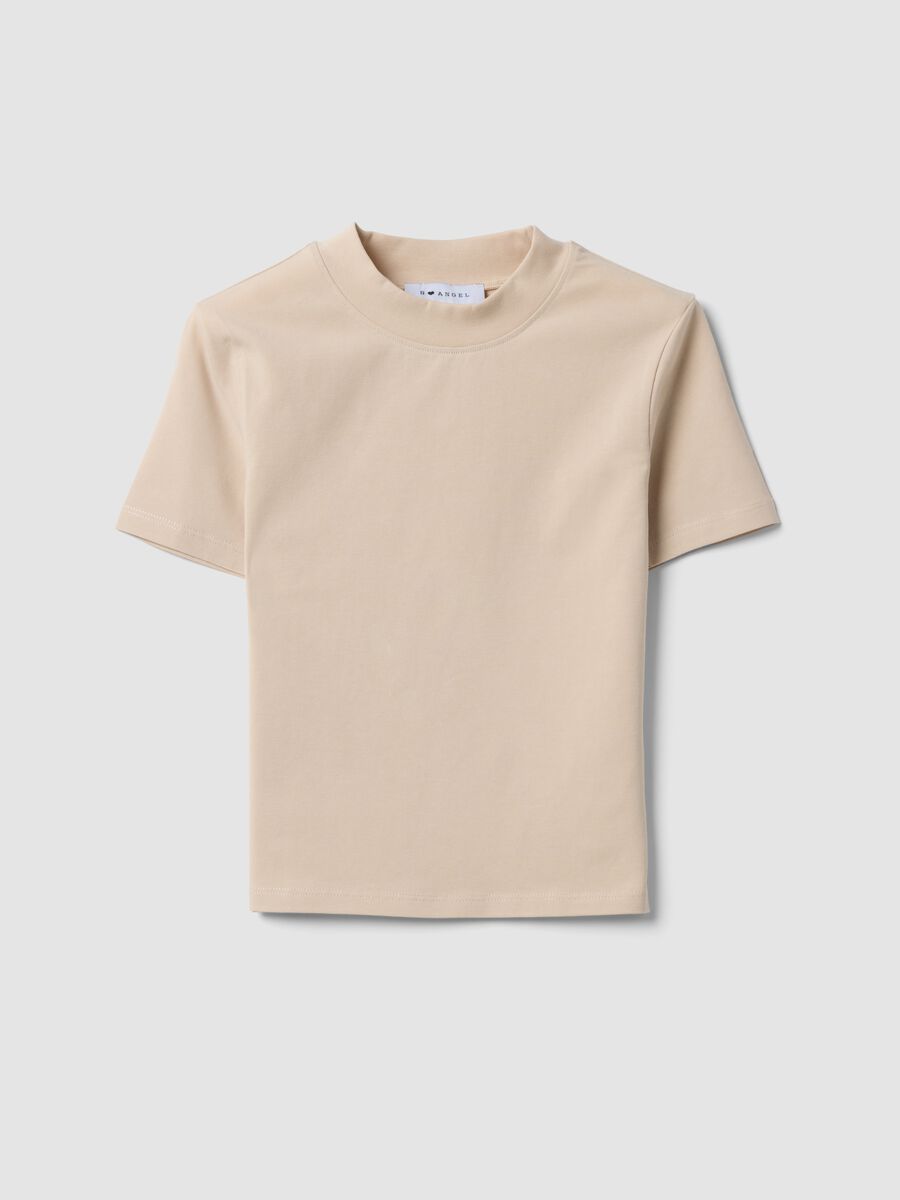 Beige fitted stretch-cotton T-shirt with high neck_0