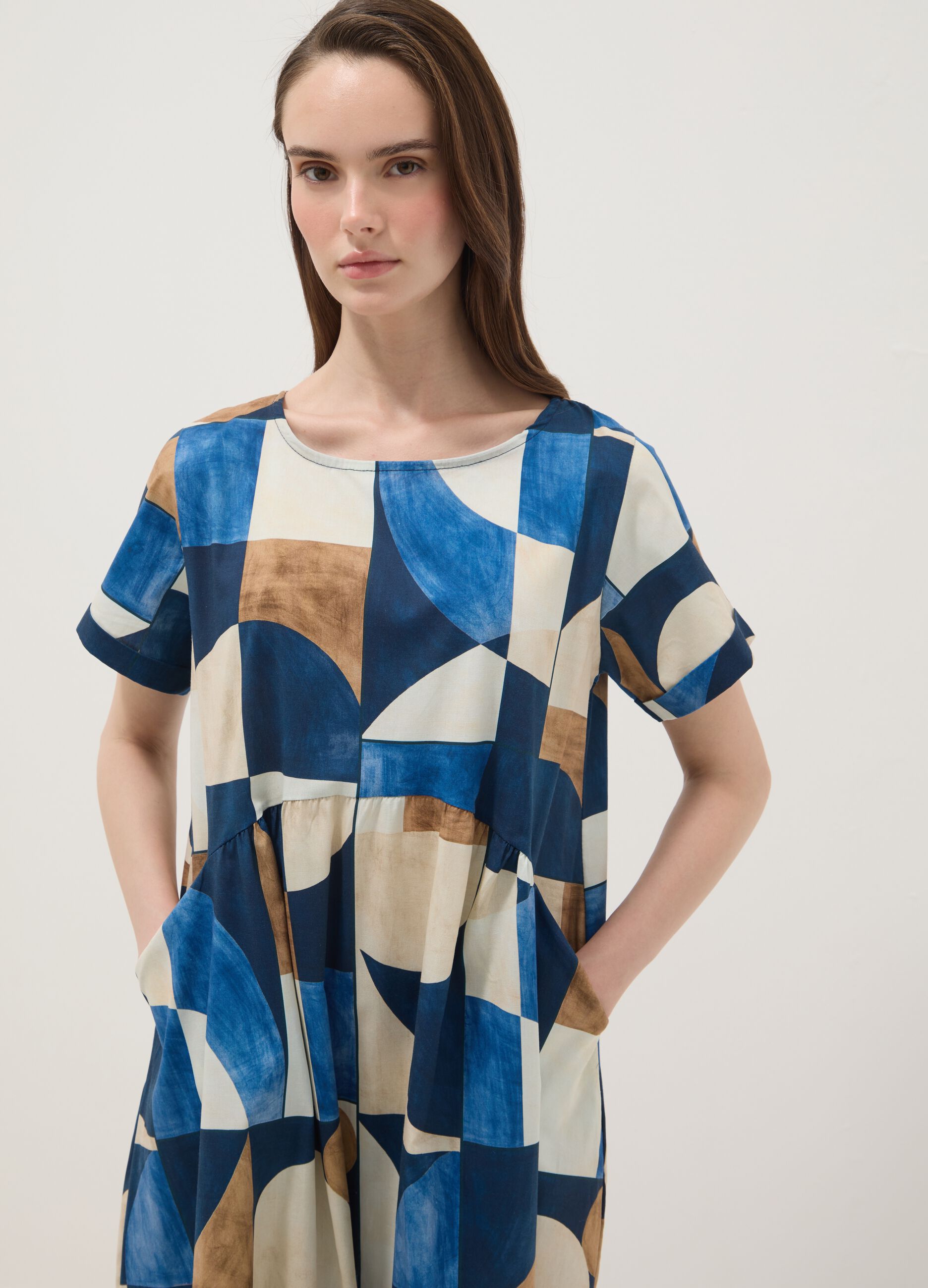 Midi-Kleid aus elastischer Baumwolle in Multicolor mit geometrischem Print