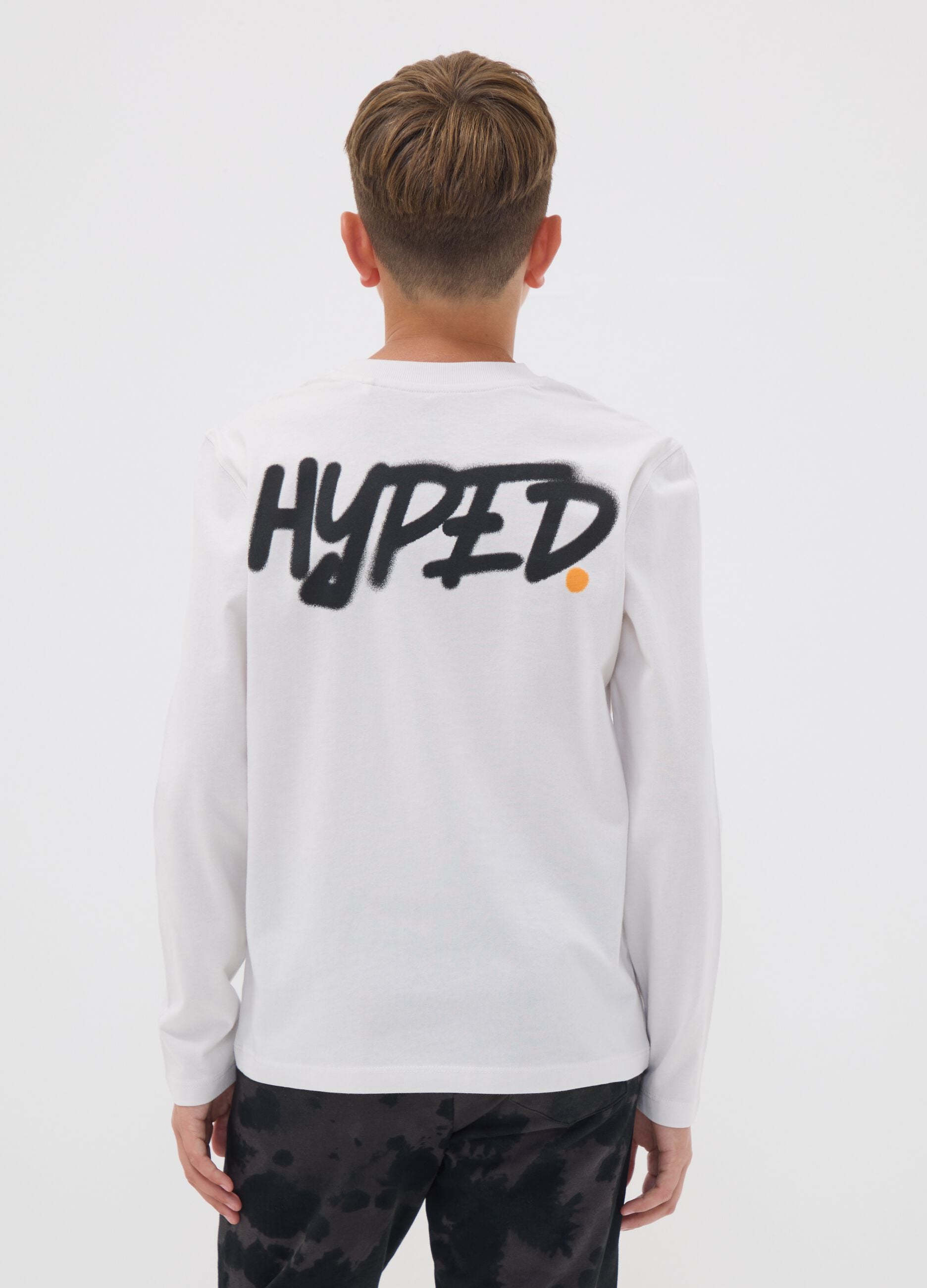 White pure organic cotton T-shirt with "Hyped" print for boys