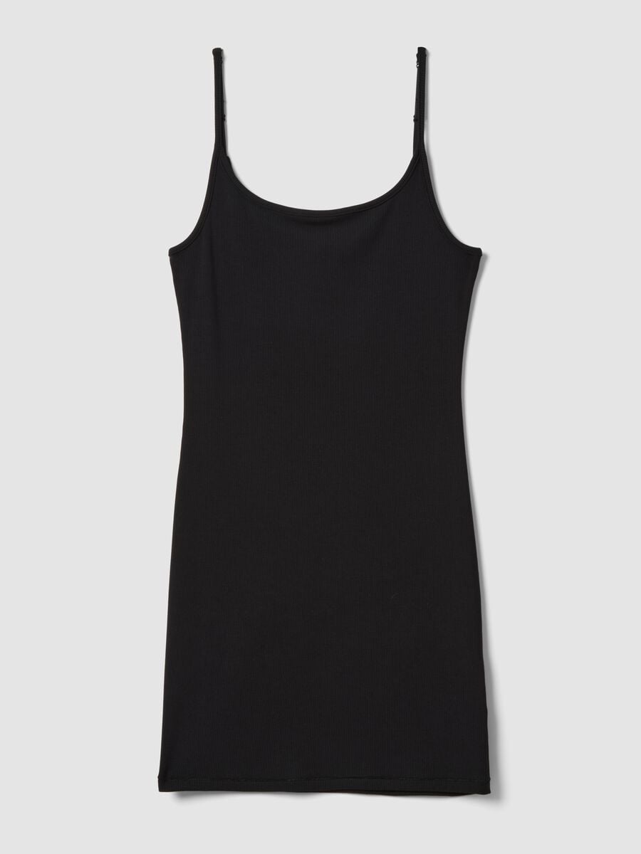 Black fitted ribbed stretch modal dress with straps_4