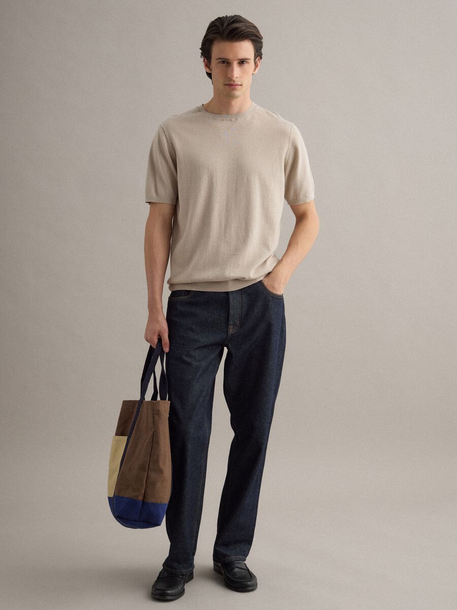 Short-sleeve beige cotton, linen, and silk blend regular fit t-shirt_1