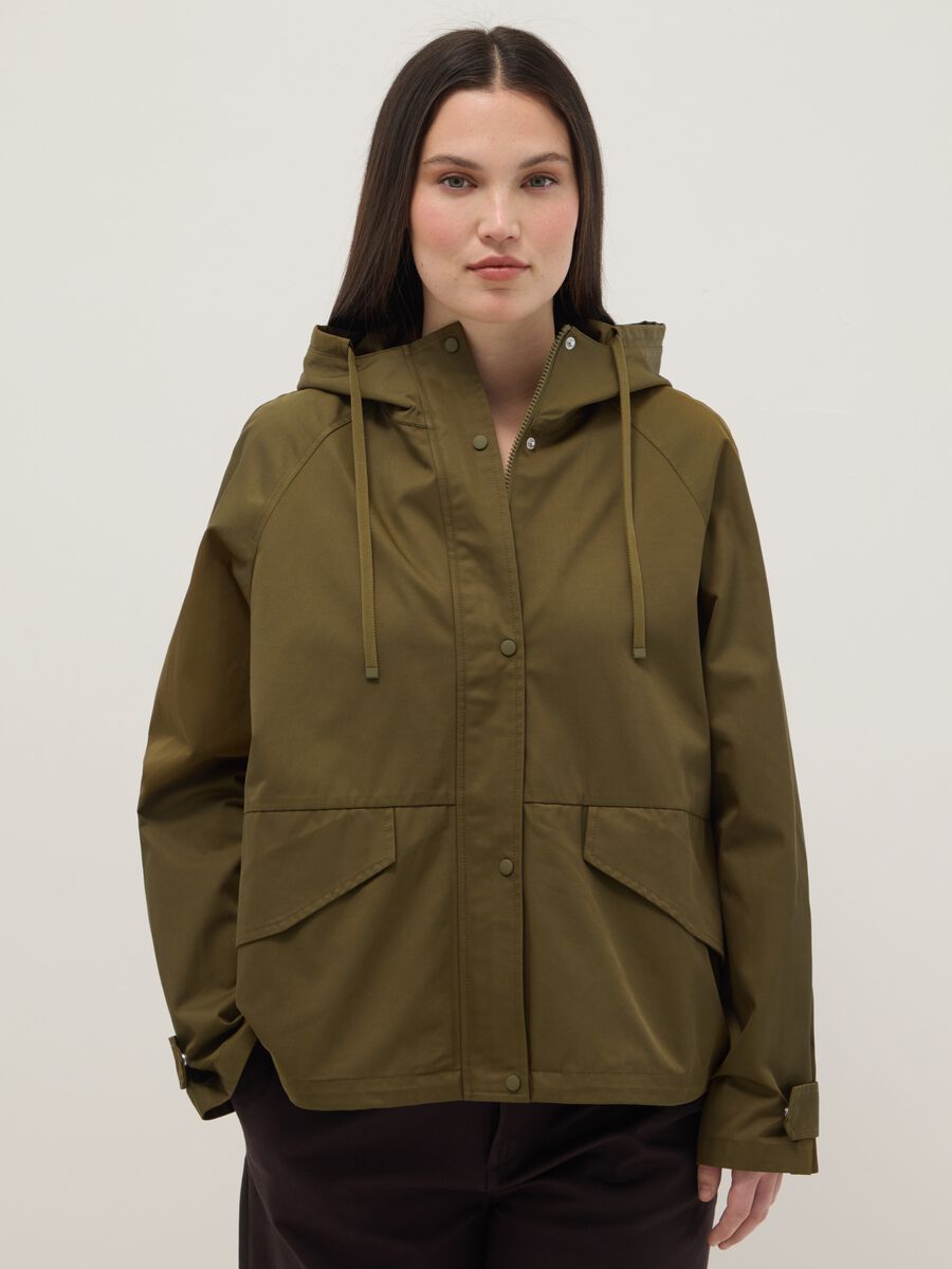 Regular fit green cotton blend parka jacket with hood_0