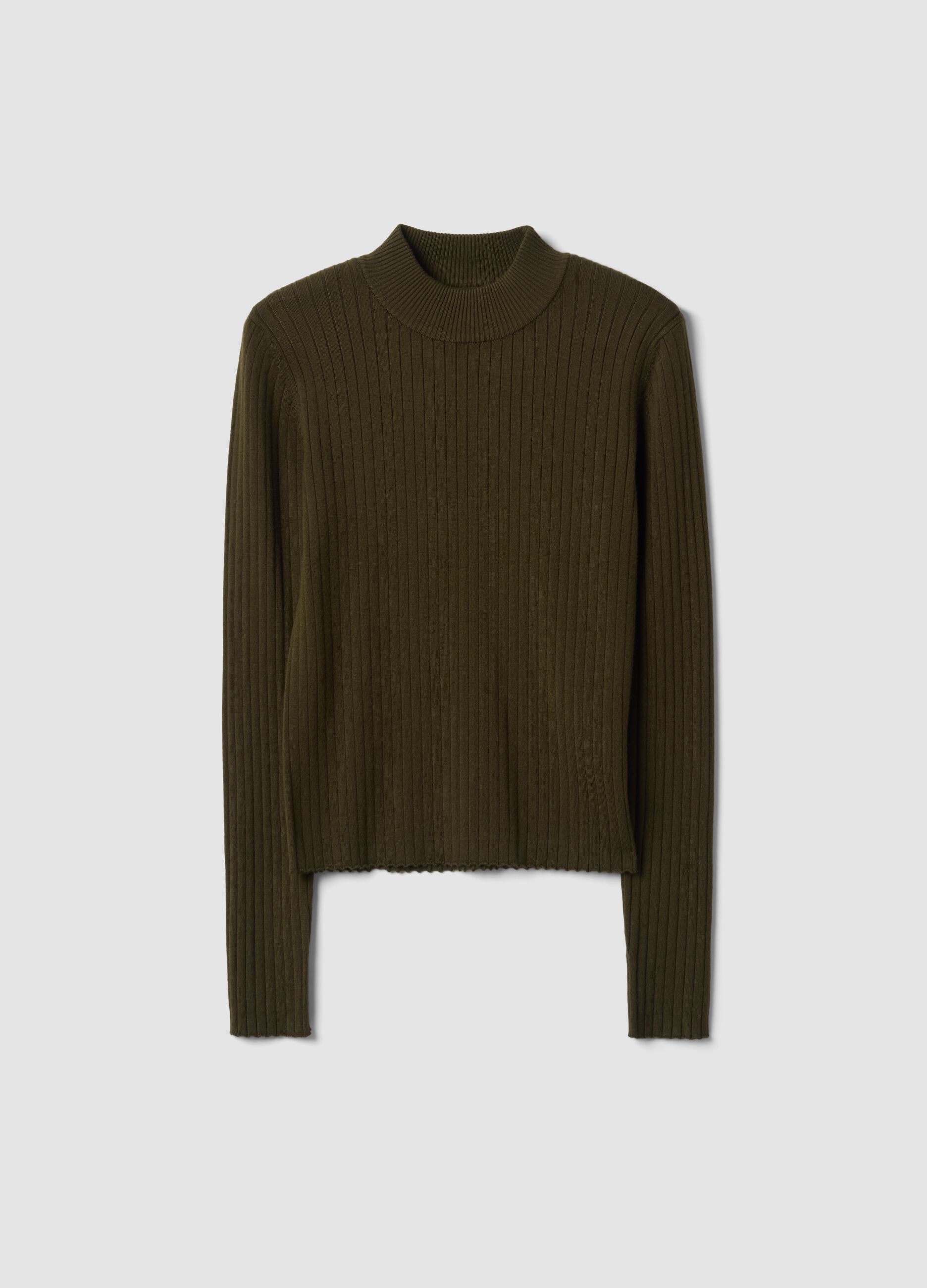 Green ribbed viscose-blend top with high neck
