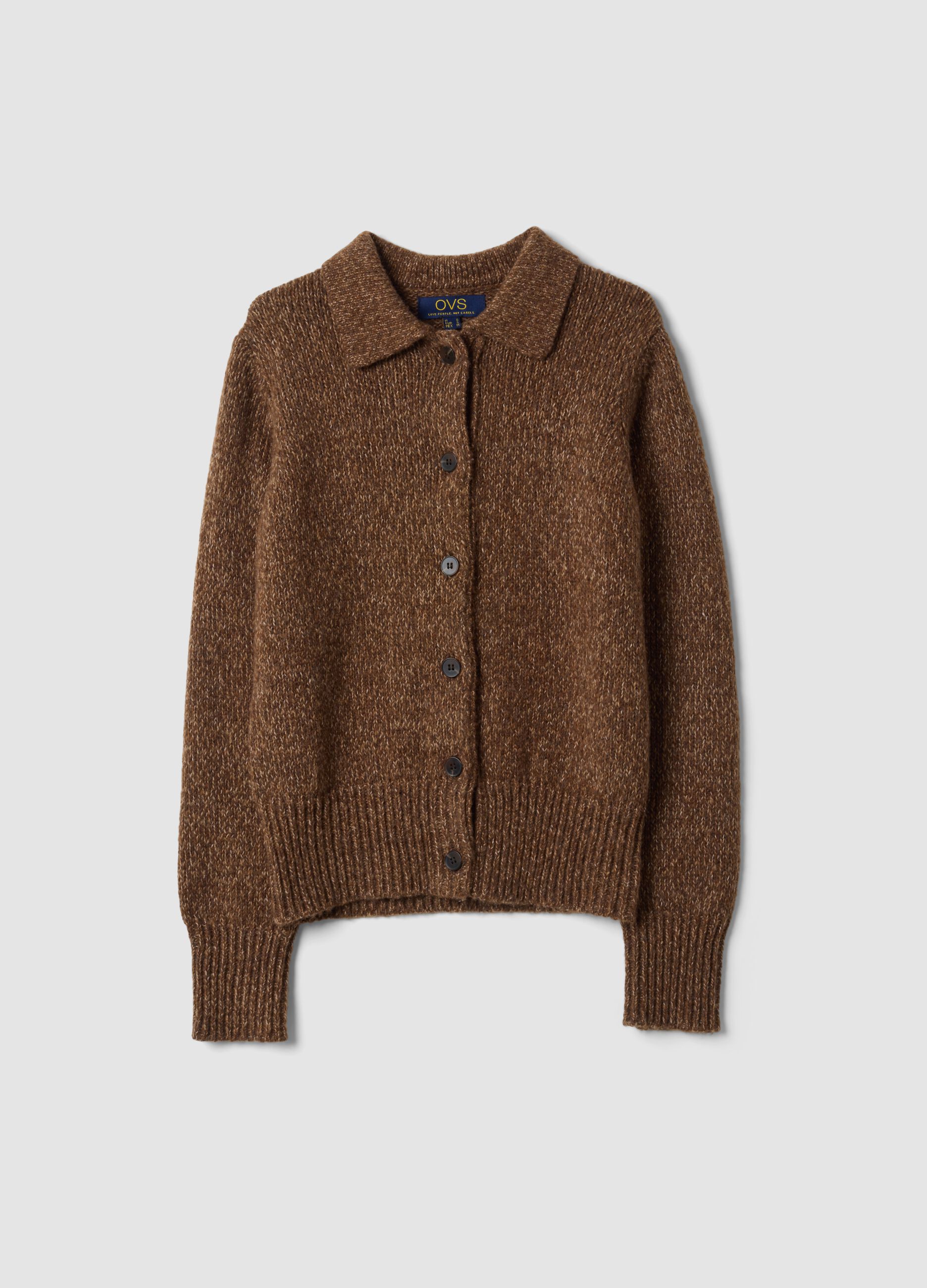 Cardigan marrone in misto lana con colletto polo
