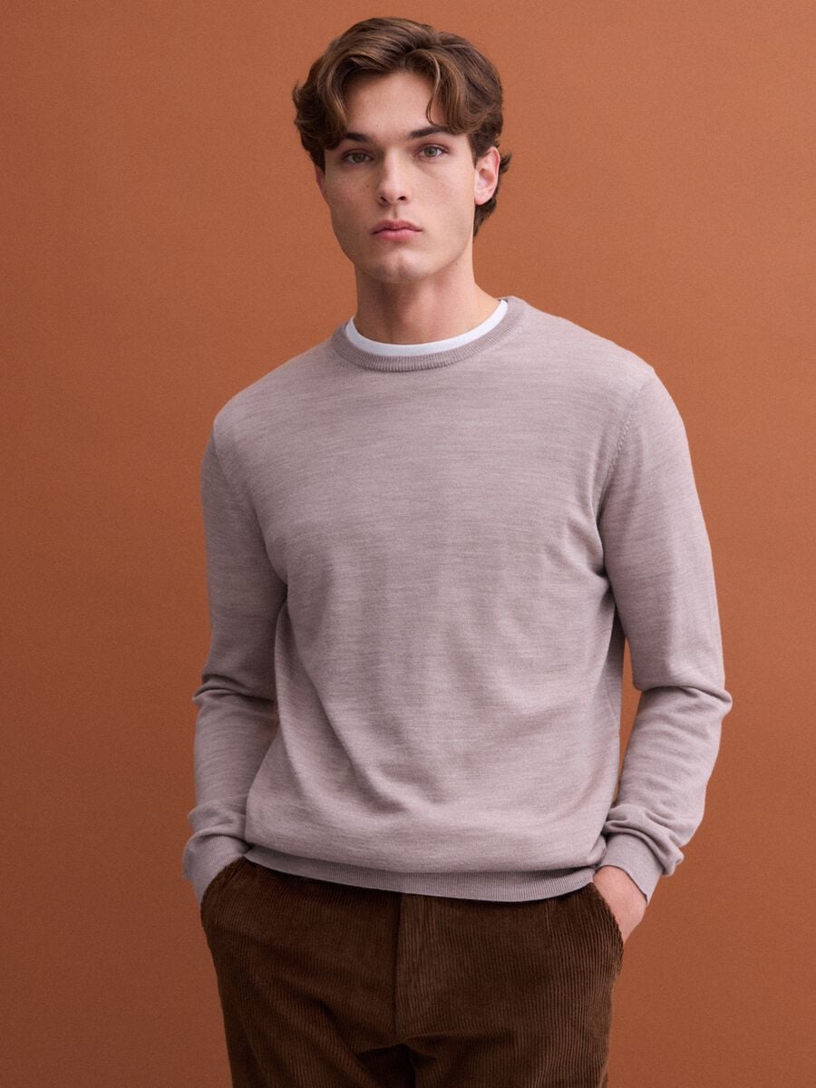 Beiger Rundhals-Pullover aus reiner Merinowolle, Regular Fit_0