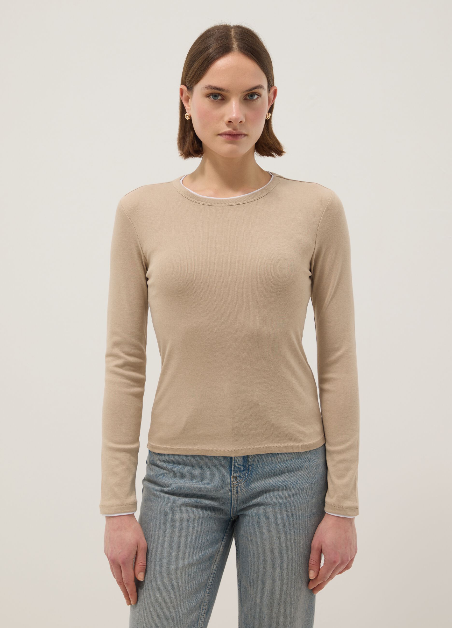 Beige pure cotton long sleeve shirt regular fit