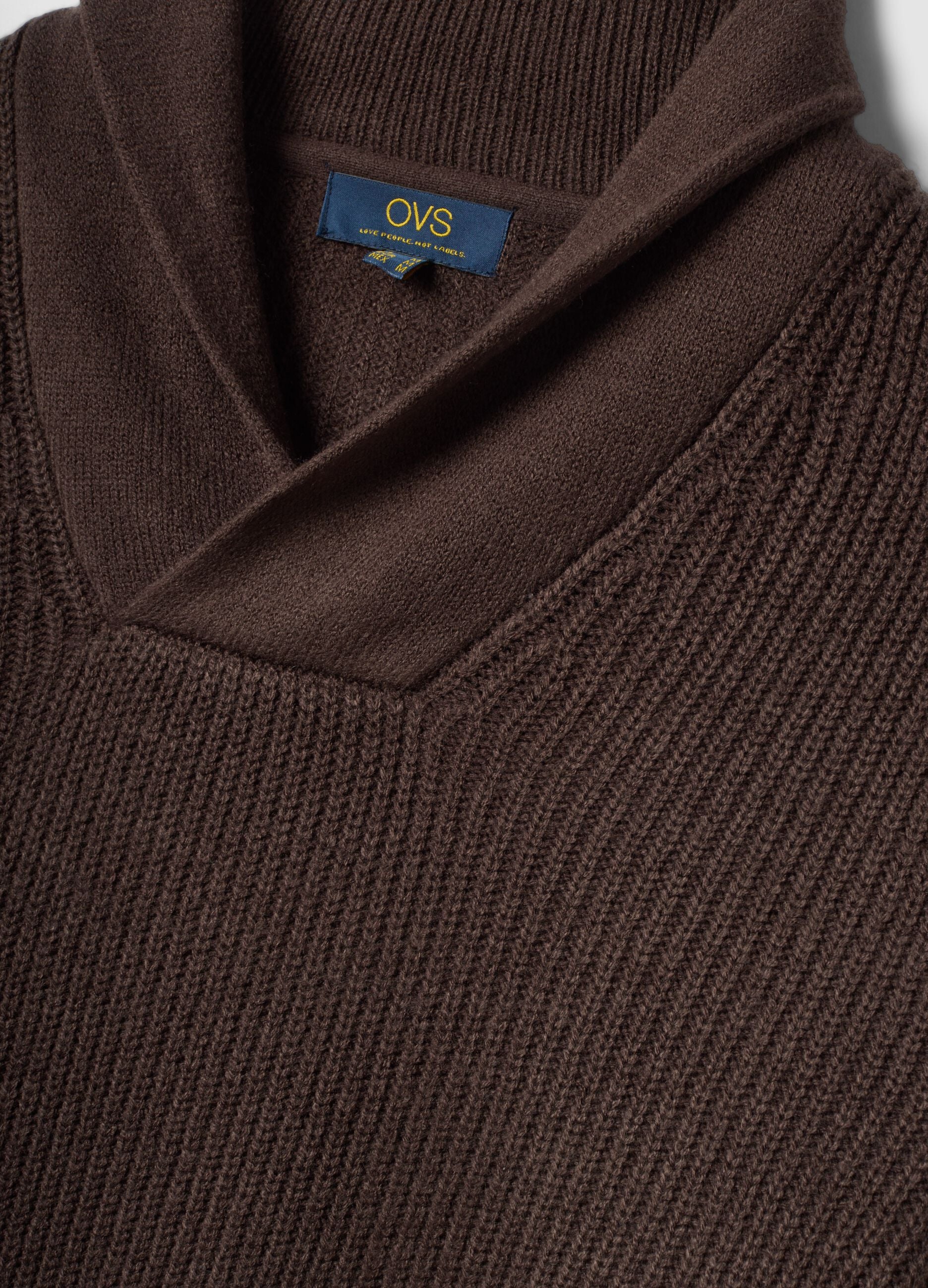 Brown ribbed shawl-collar jumper, regular fit