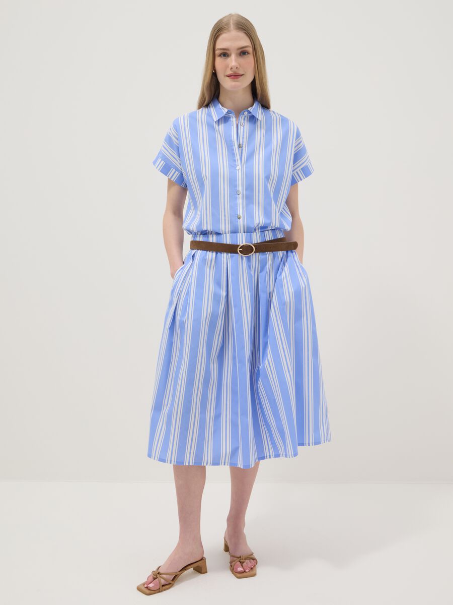 Saia midi azul &agrave;s riscas em algod&atilde;o puro_0