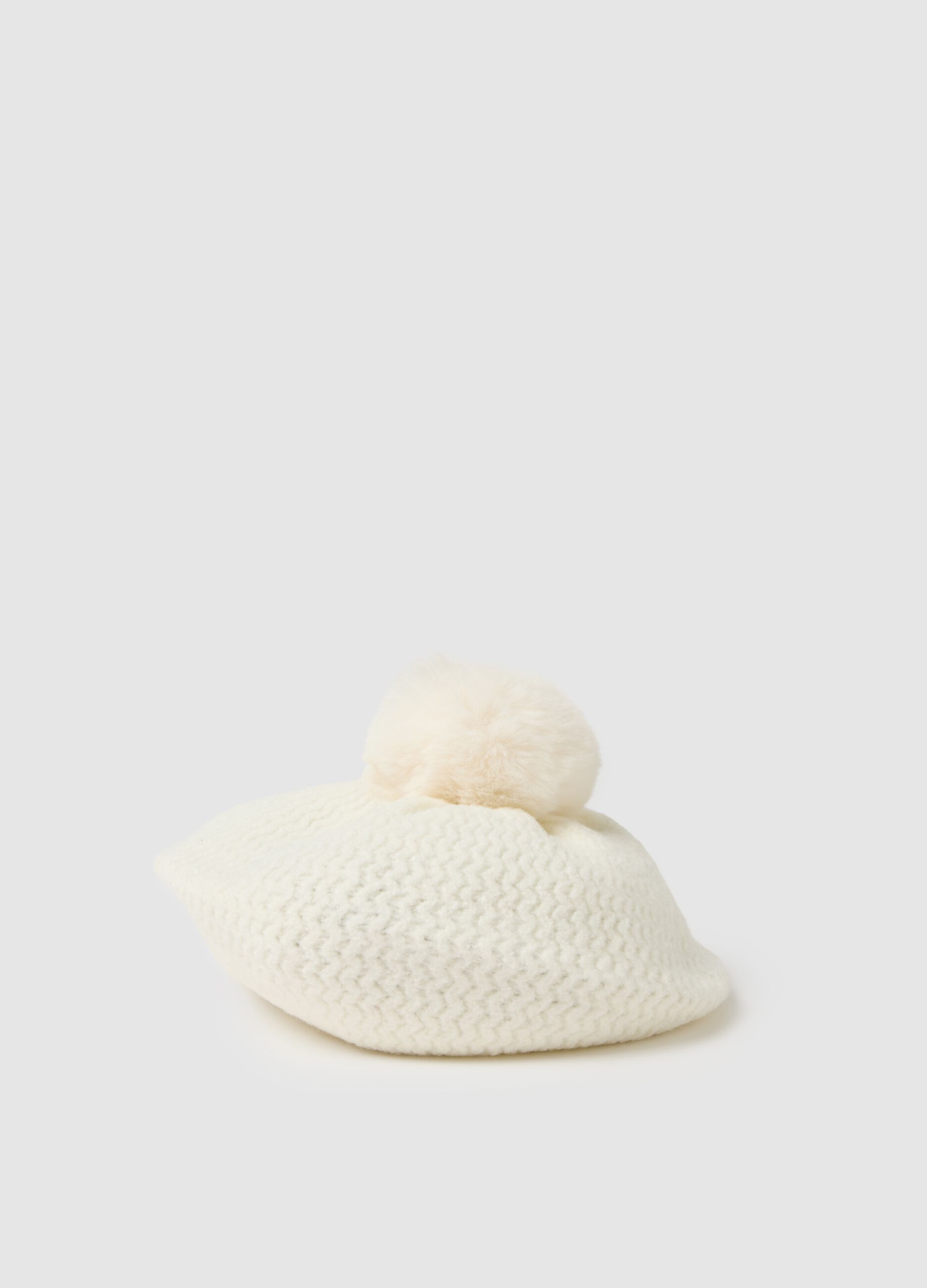 Girls' White Beret with Pom Pom