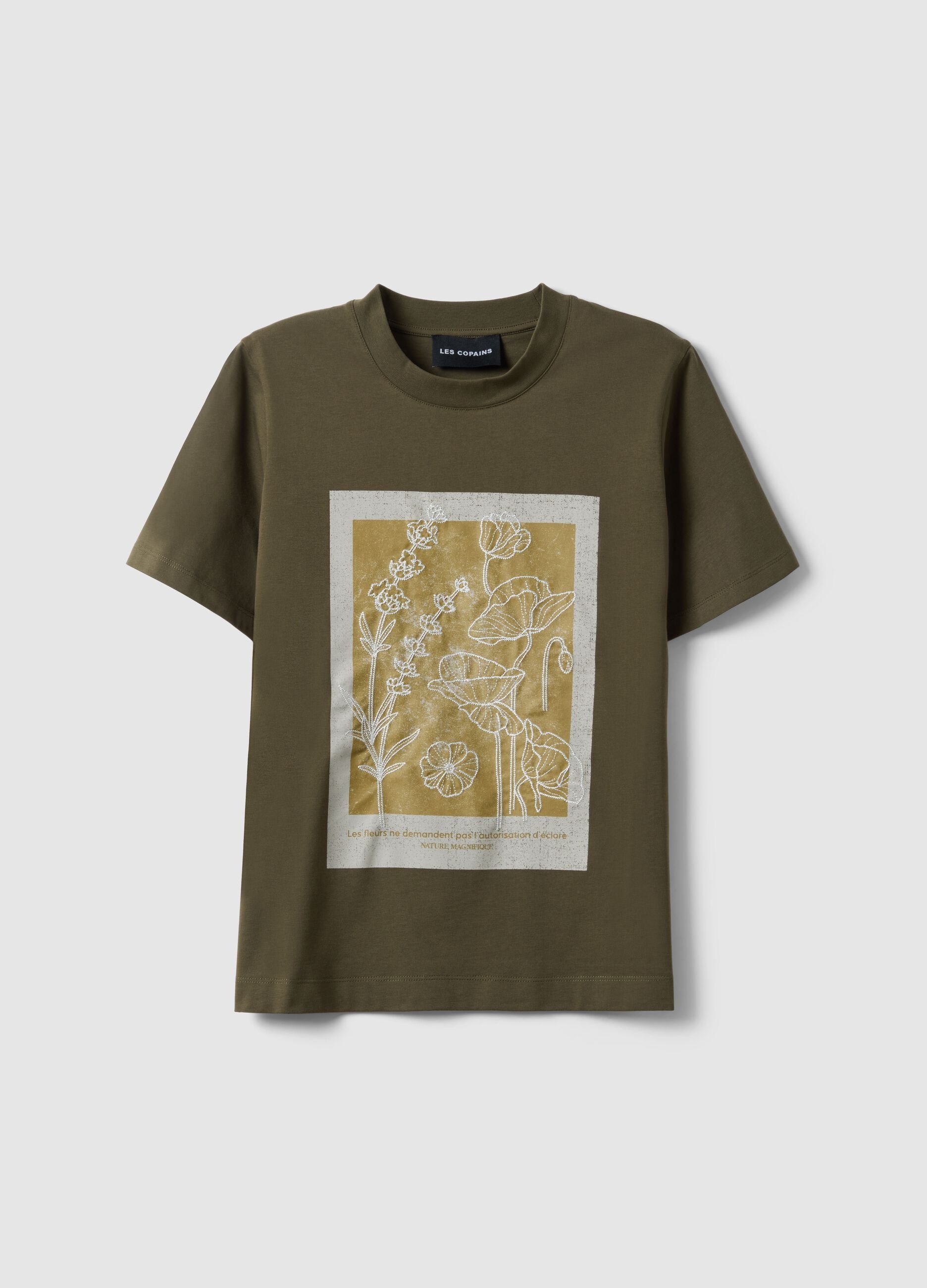 Gr&uuml;nes T-Shirt aus reiner Baumwolle, Regular Fit, mit Blumenmuster