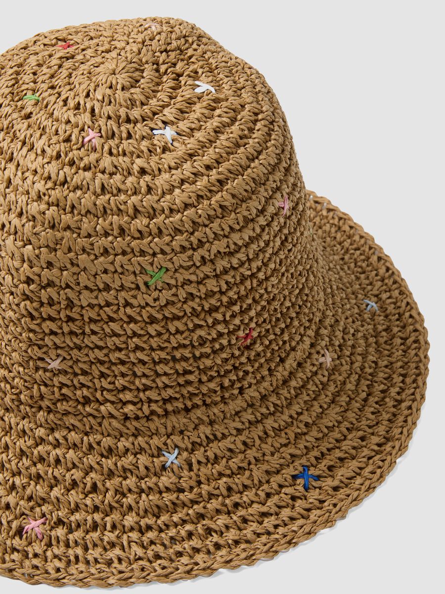 Beige pure paper-fabric hat with coloured threads_1