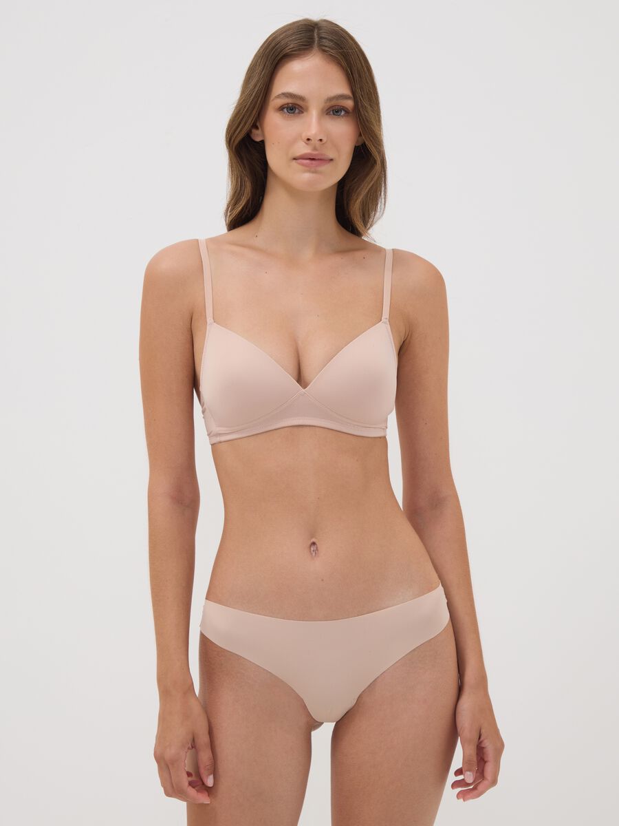Beige padded stretch-fabric bra_1