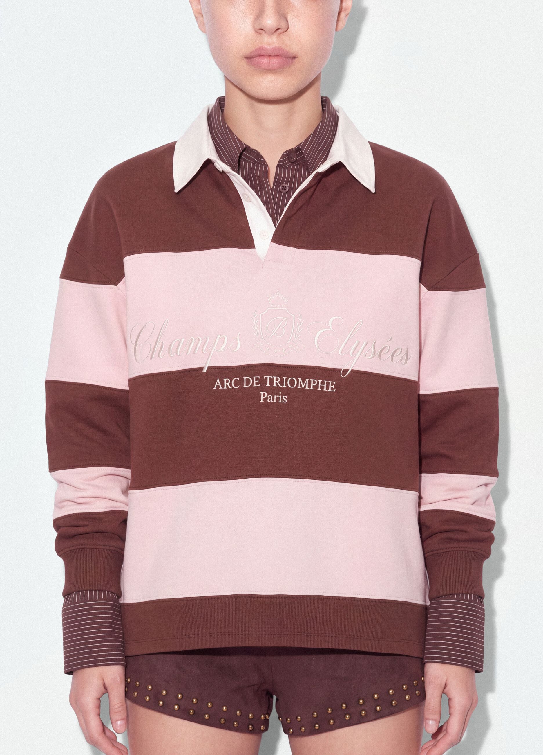 Sweatshirt castanha &agrave;s riscas em mistura de algod&atilde;o com colarinho, corte relaxed