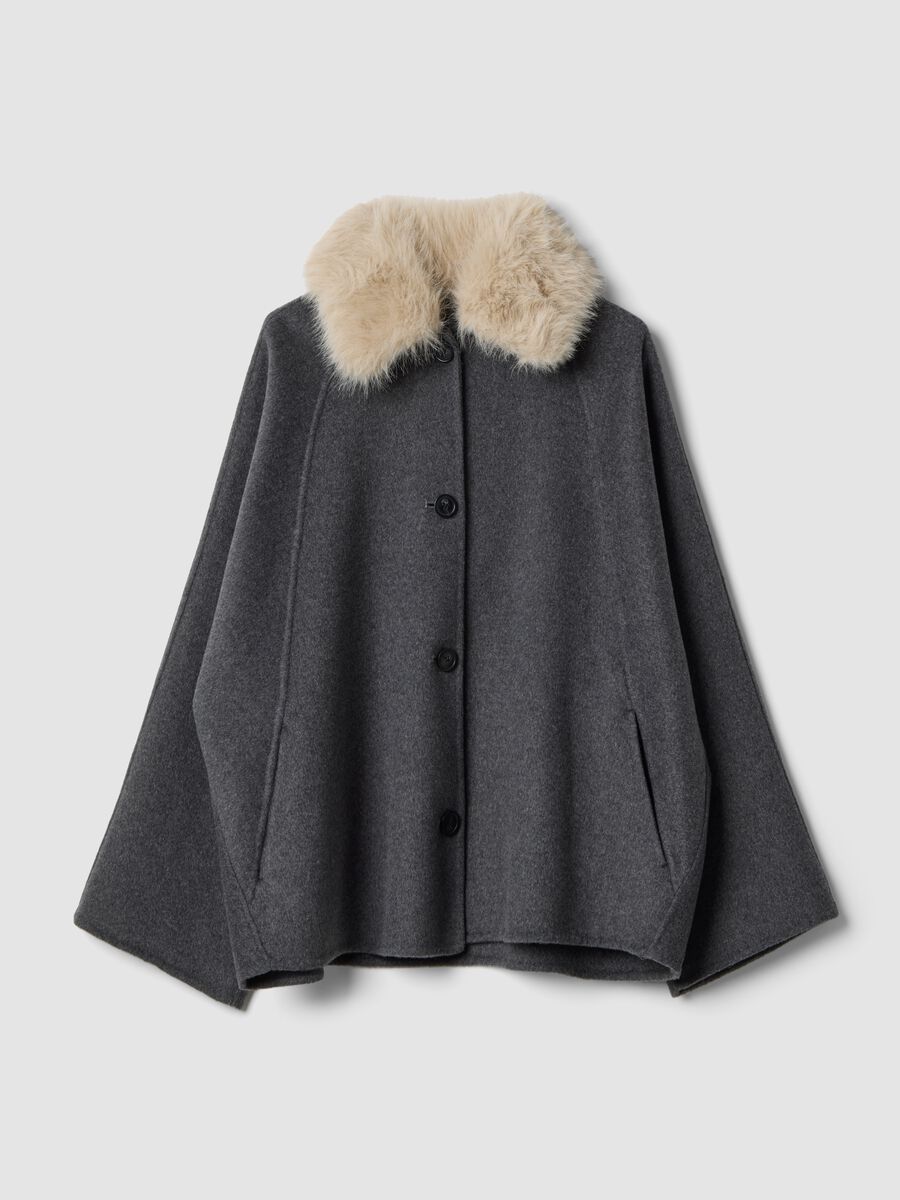 Grey wool and viscose-blend shacket with faux-fur collar_0