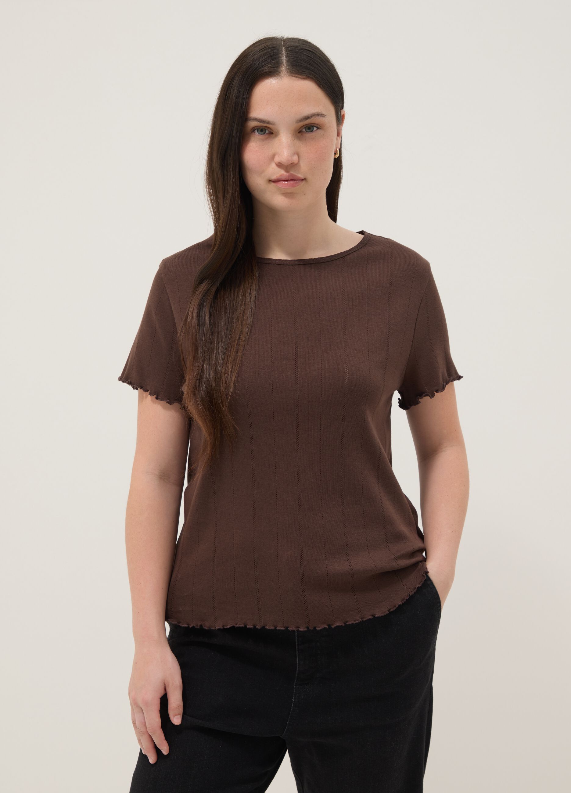 Brown striped pure cotton regular-fit T-shirt