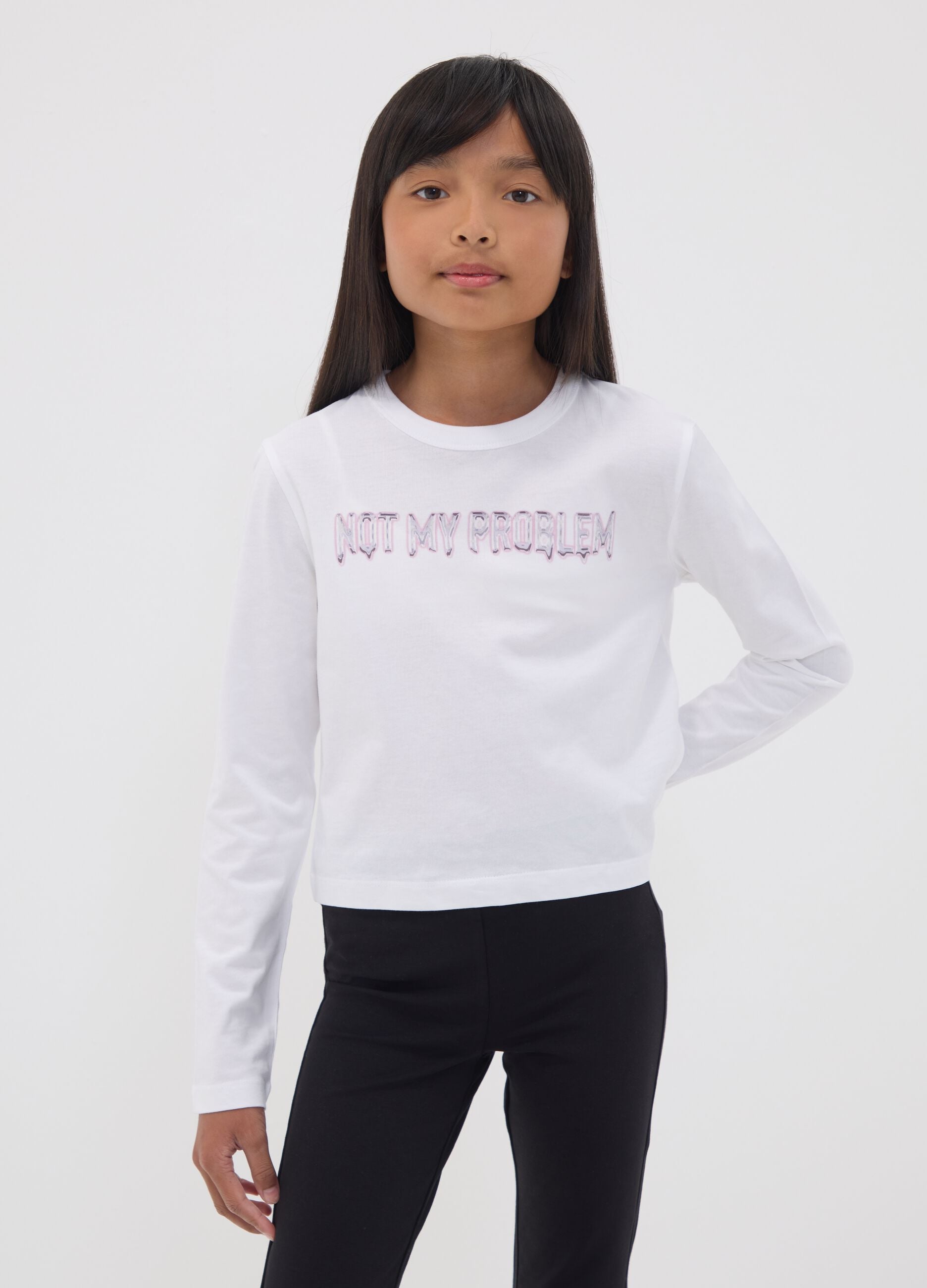 White organic cotton cropped T-shirt with ribbed neckline for girls