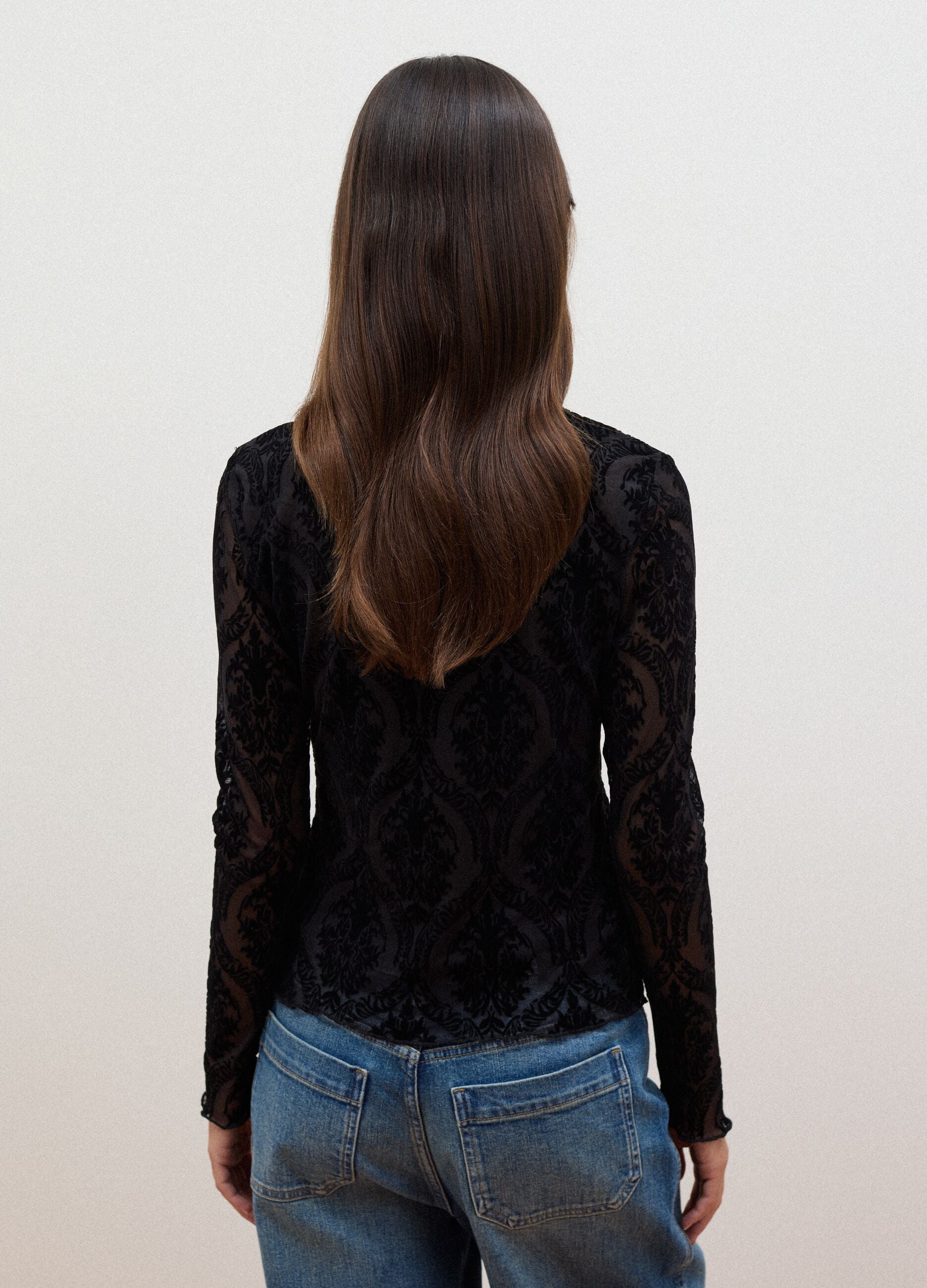 Black regular-fit T-shirt in sheer stretch fabric with pattern
