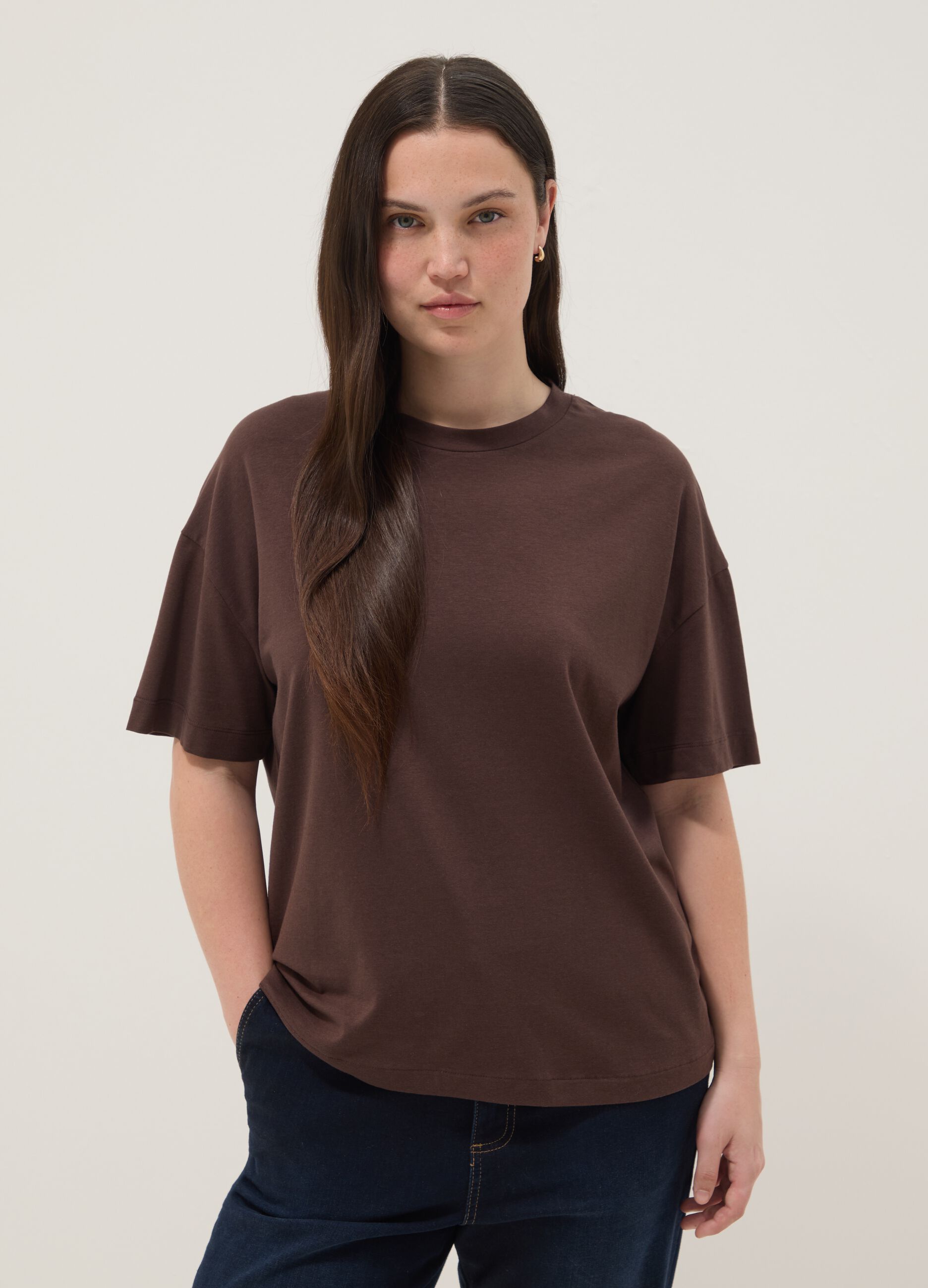 Brown stretch cotton and modal T-shirt