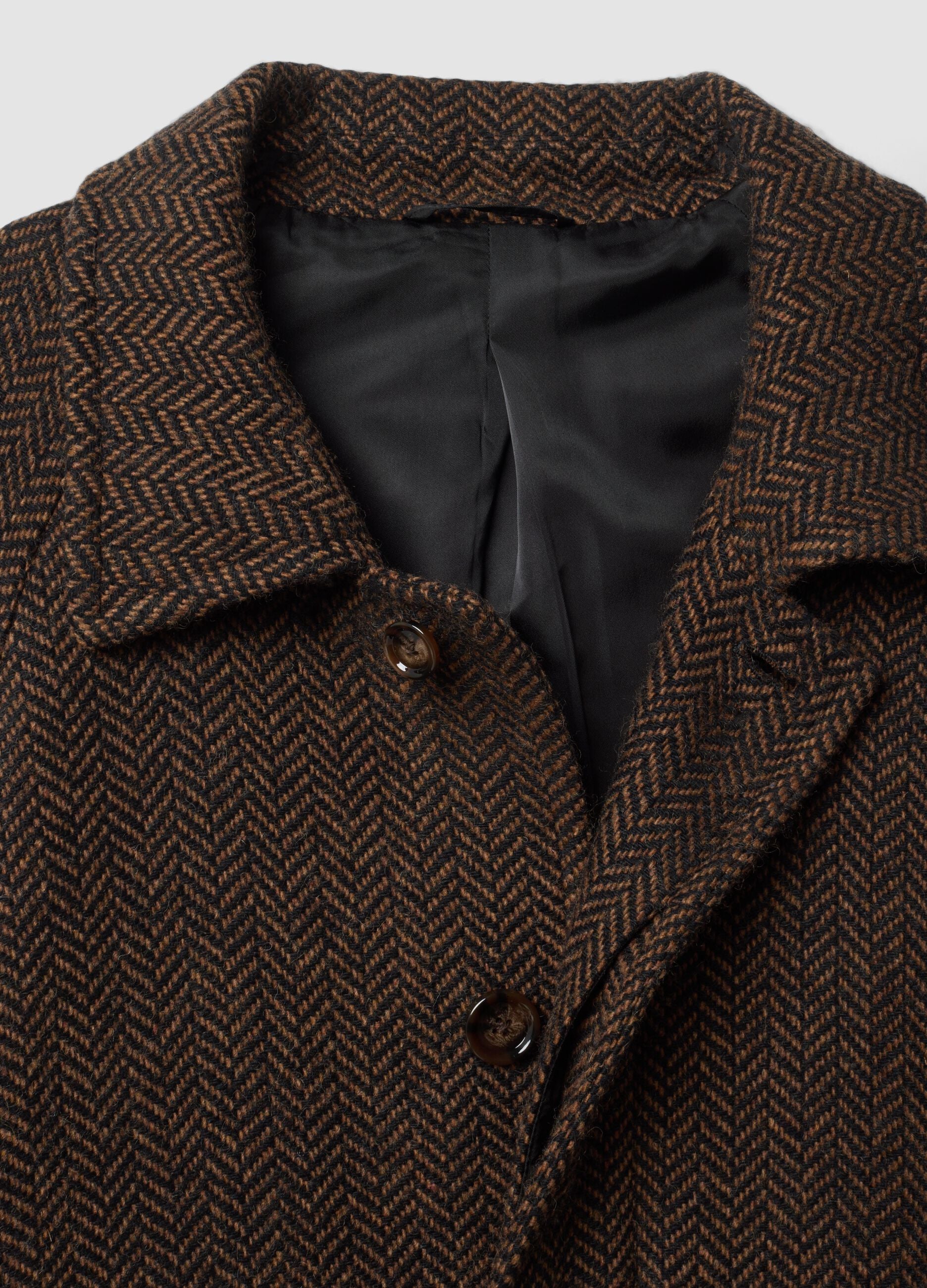 Brown and black wool-blend herringbone overfit coat