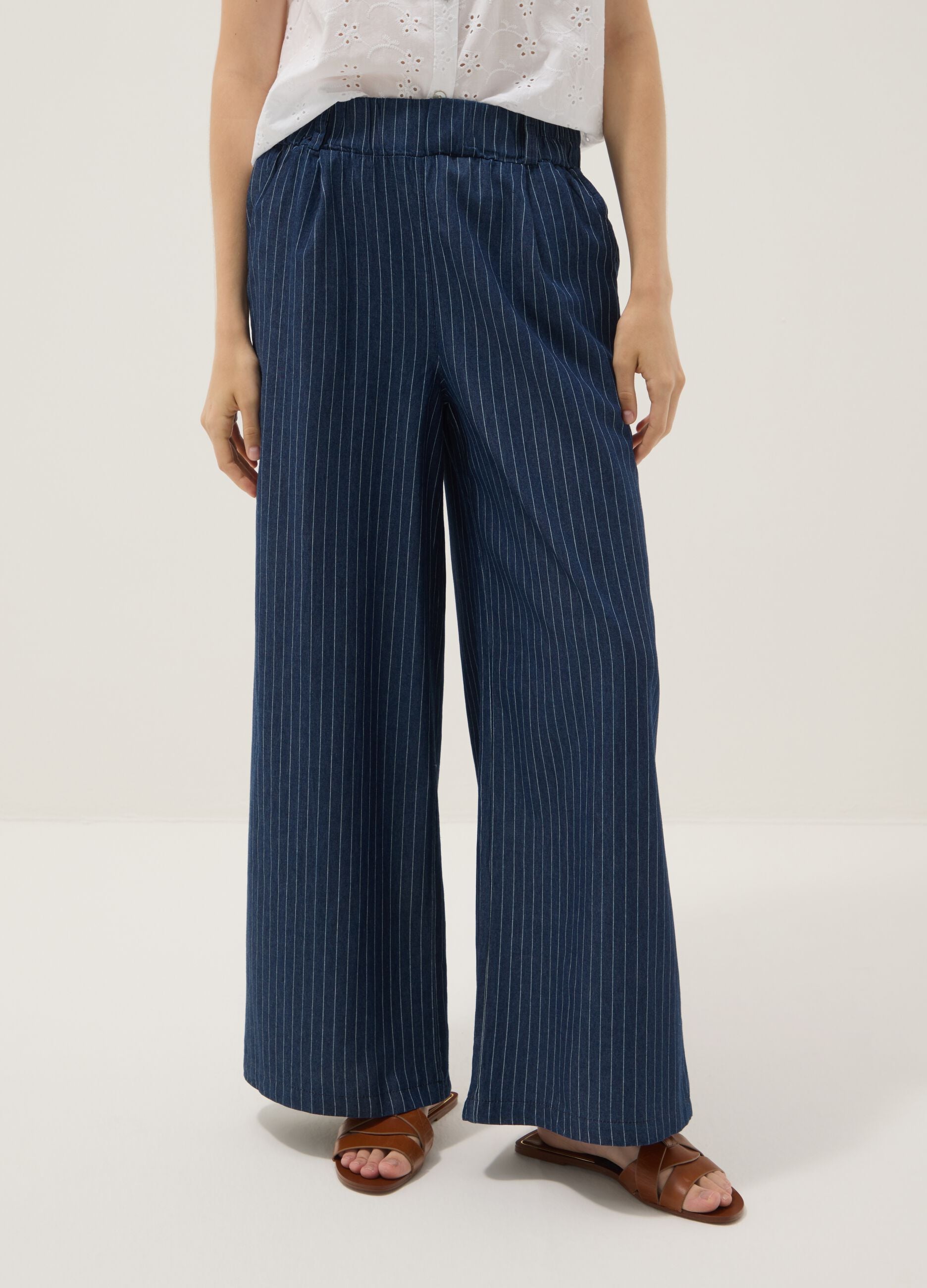 Blue pure cotton striped palazzo trousers
