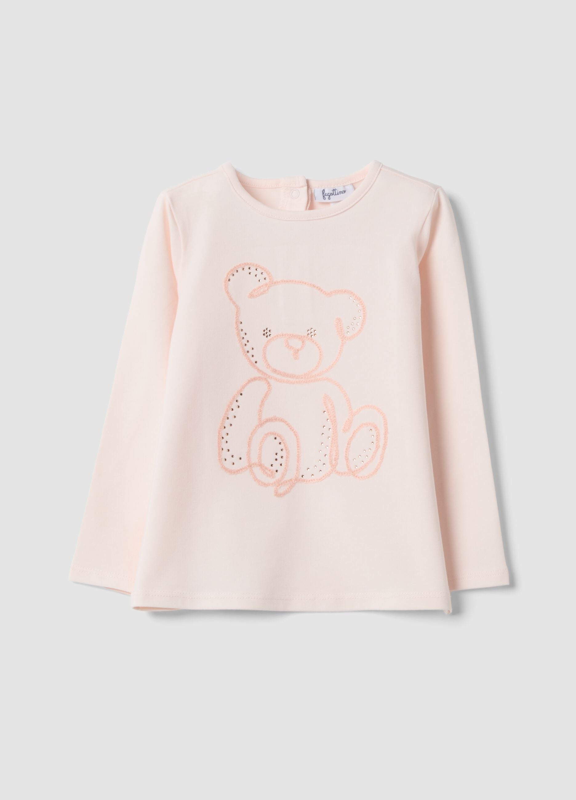 Rosa T-Shirt aus elastischer Bio-Baumwolle mit Teddyb&auml;r-Stickerei