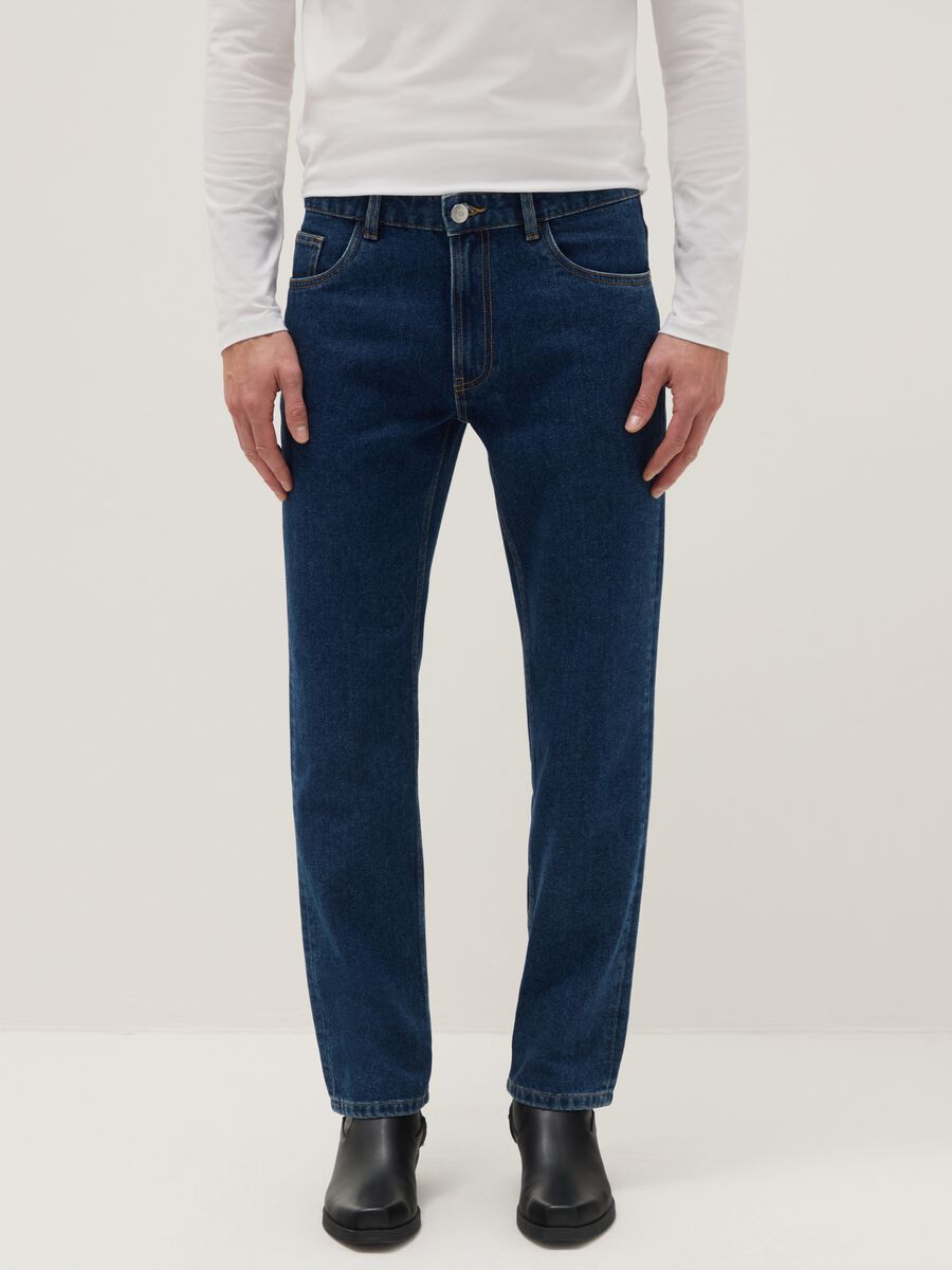 Blue cotton blend trousers with regular fit_1
