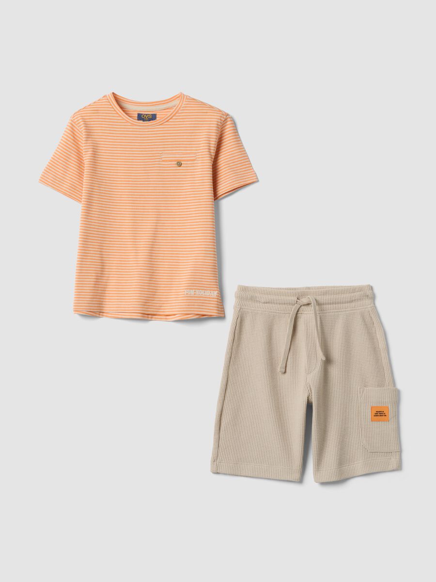 Orange and beige cotton-blend set with T-shirt and shorts_0