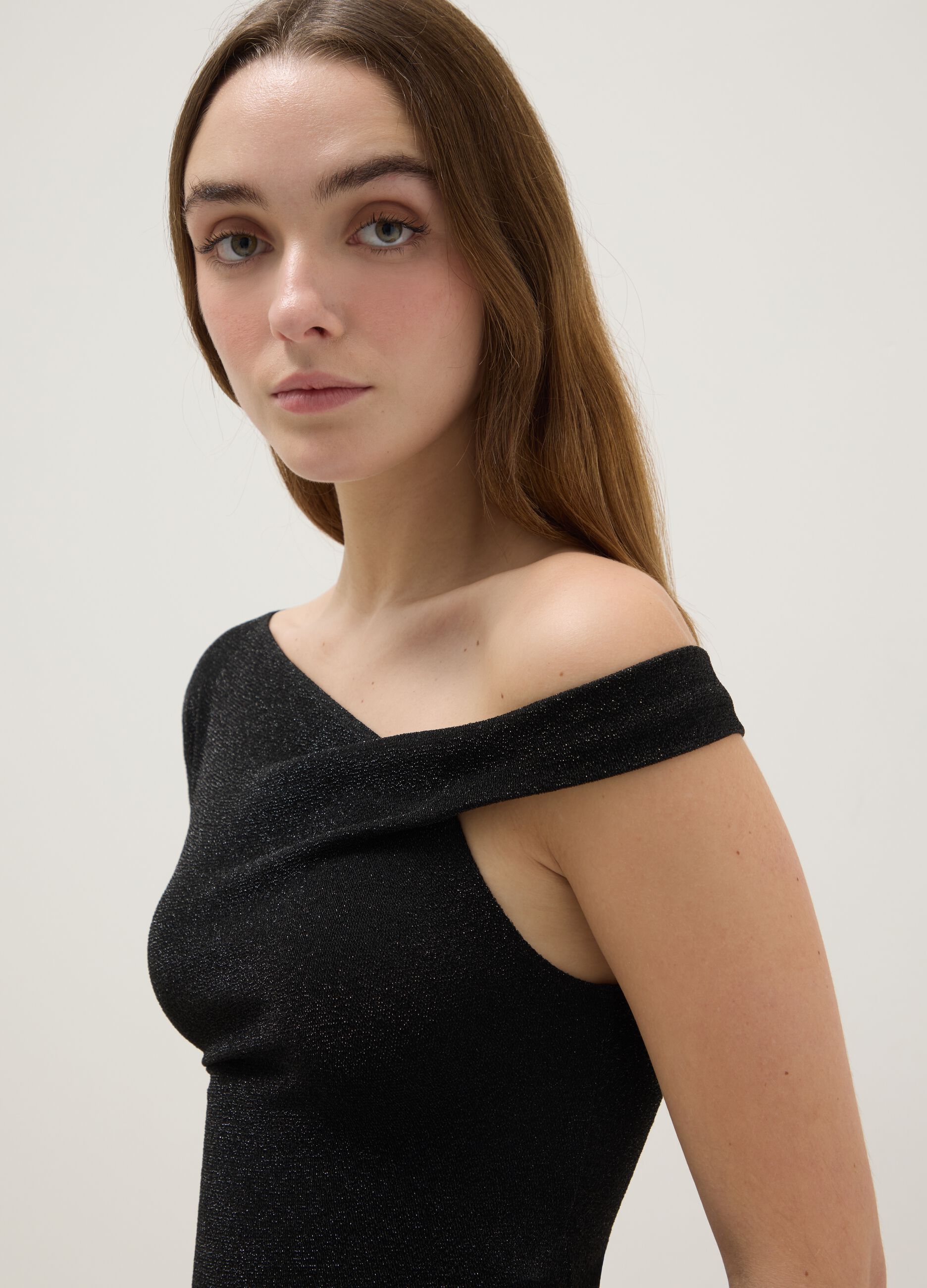 Black viscose blend slim fit T-shirt with Madonna neckline