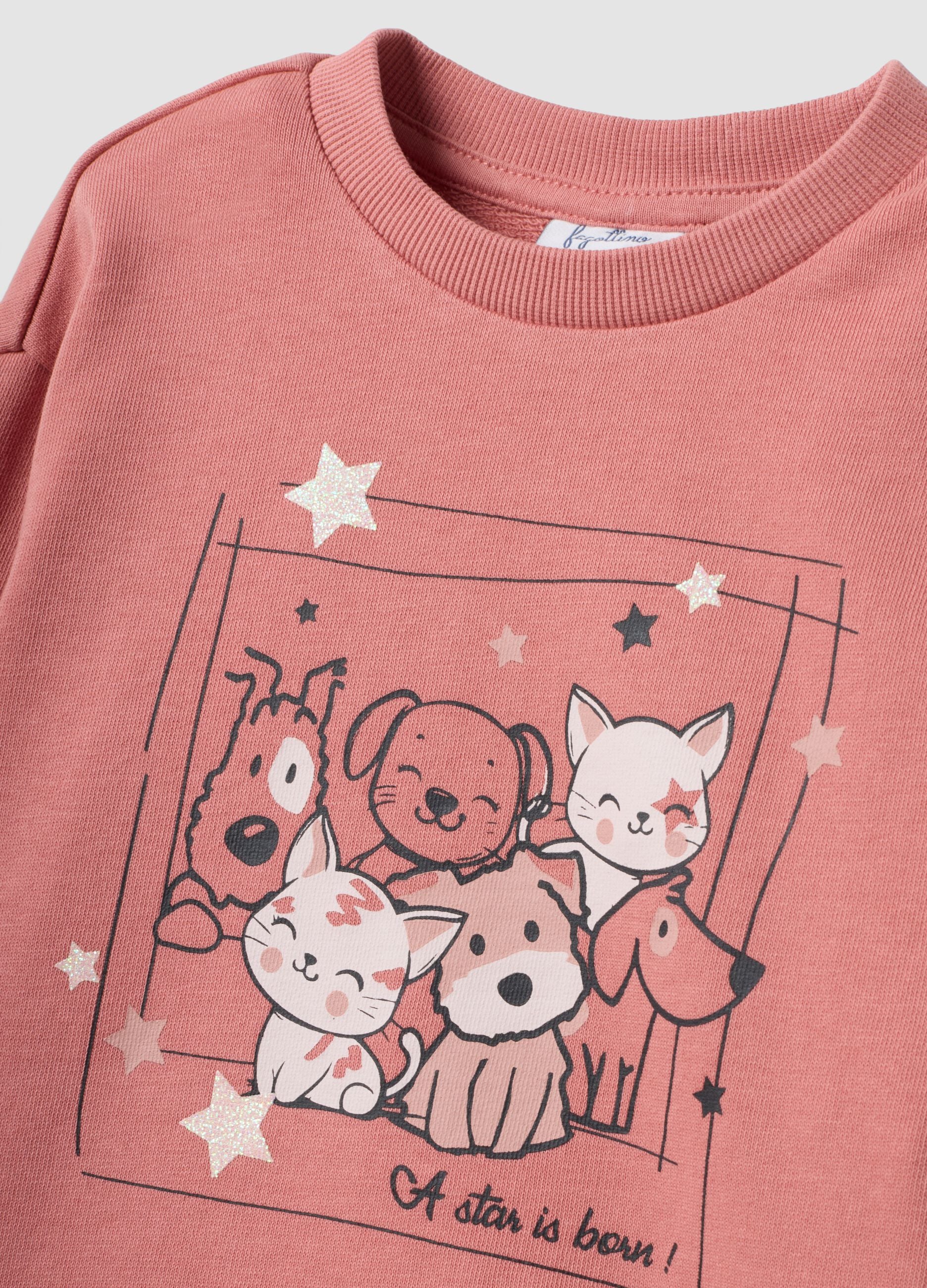 Multicolour pure cotton set with animal-print sweatshirt for baby girl