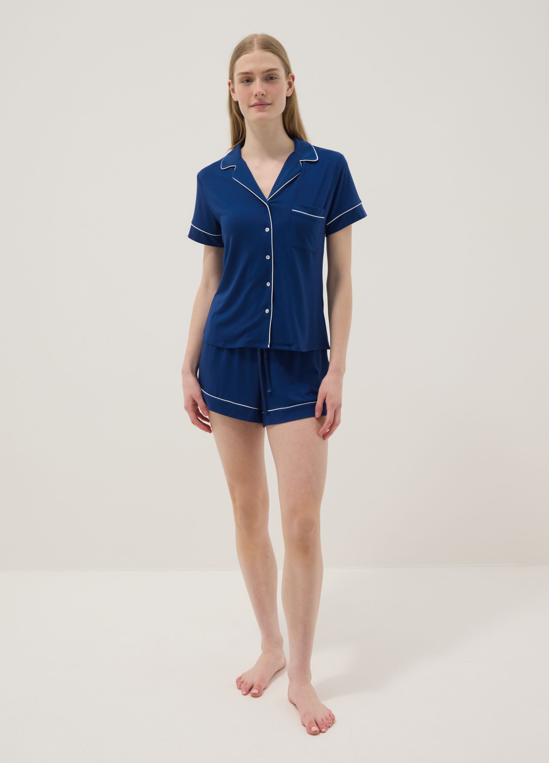 Regular fit blue stretch viscose blend pyjama shorts