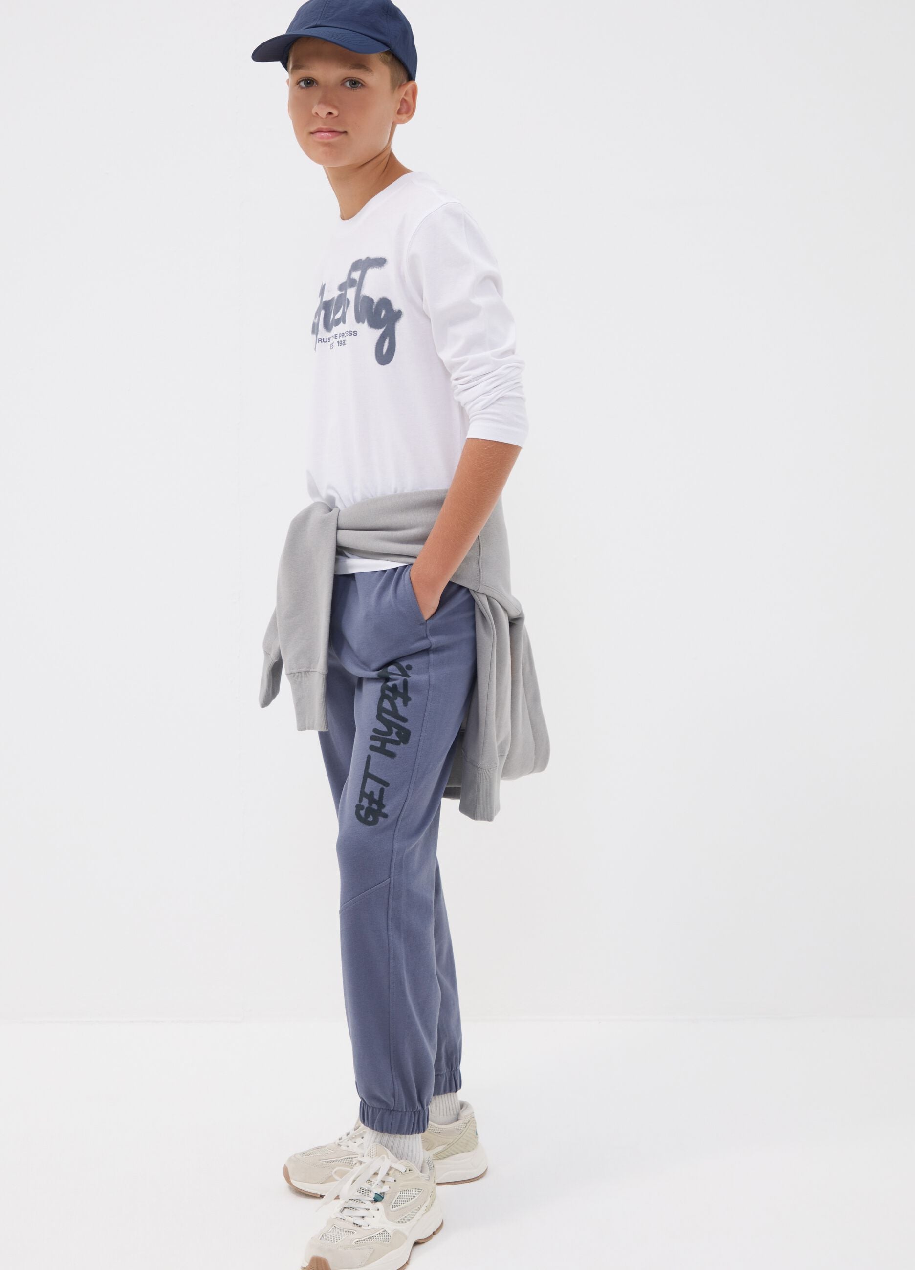 Graue Oversize-Jogger aus reiner Baumwolle mit "Get Hyped"-Print f&uuml;r Jungen