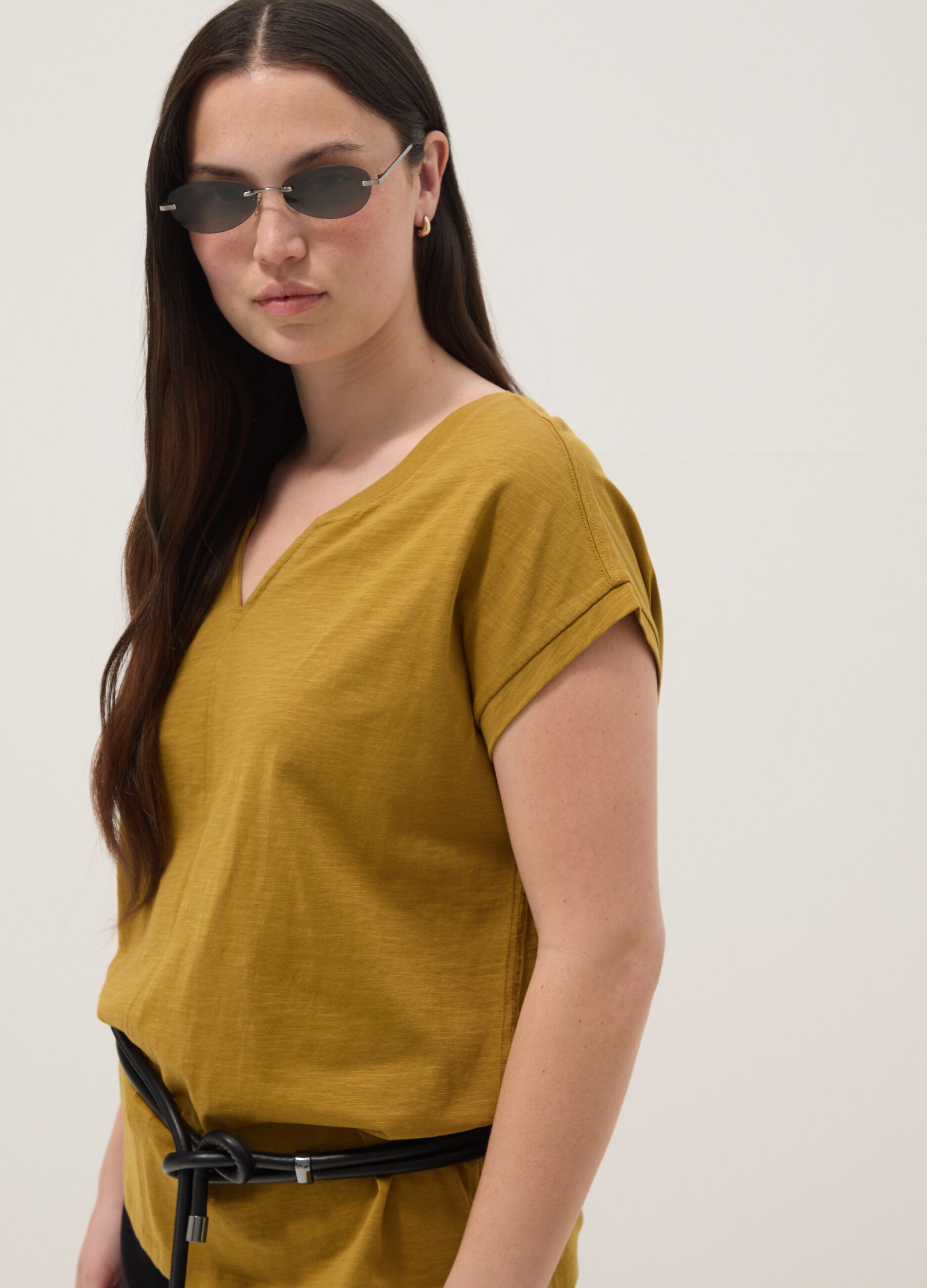 Yellow pure cotton regular fit V-neck T-shirt